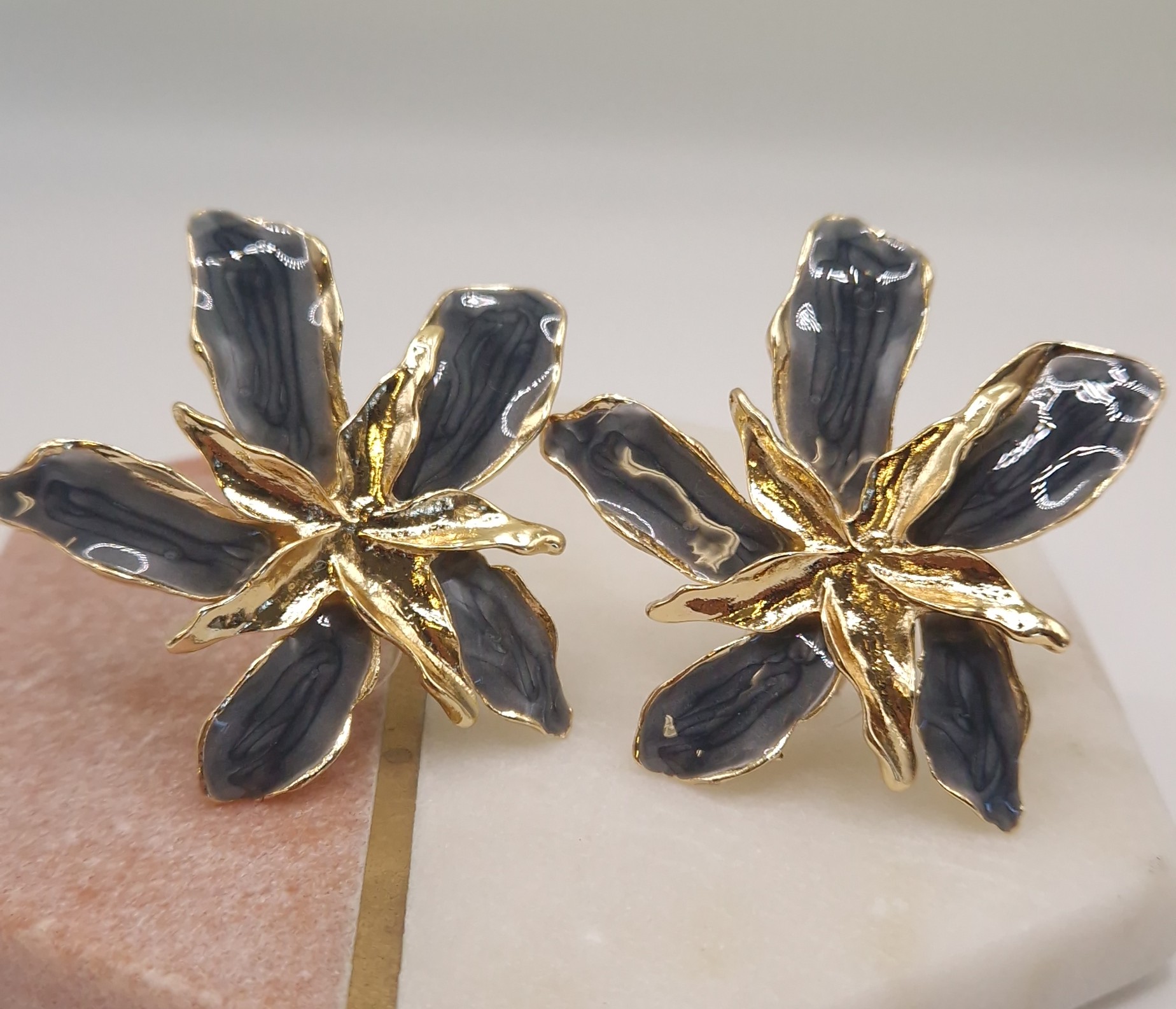 black or charcoal grey enamel flower stud earrings