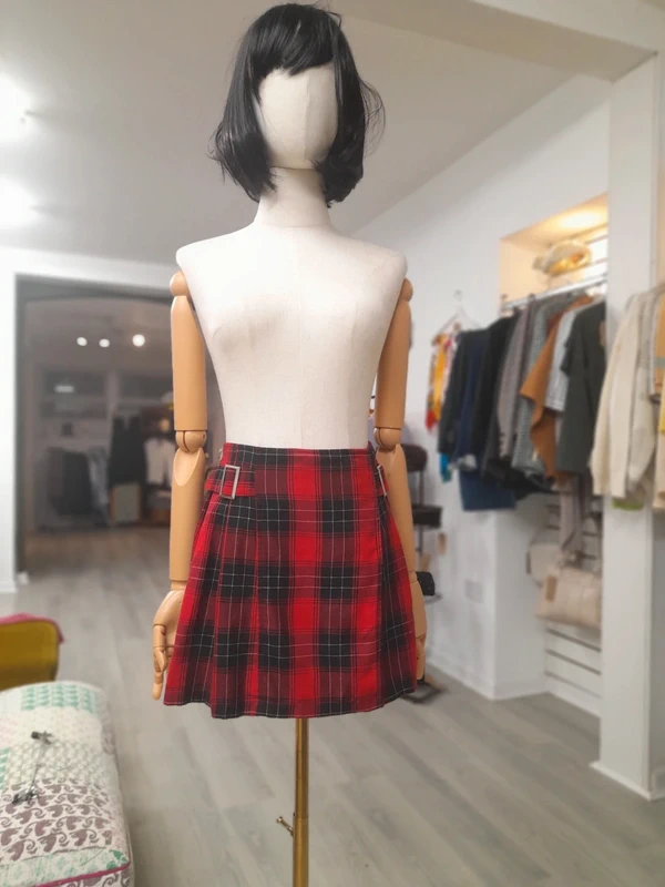 Mini Black and Red Check Pleated Skirt with attached shorts, size S