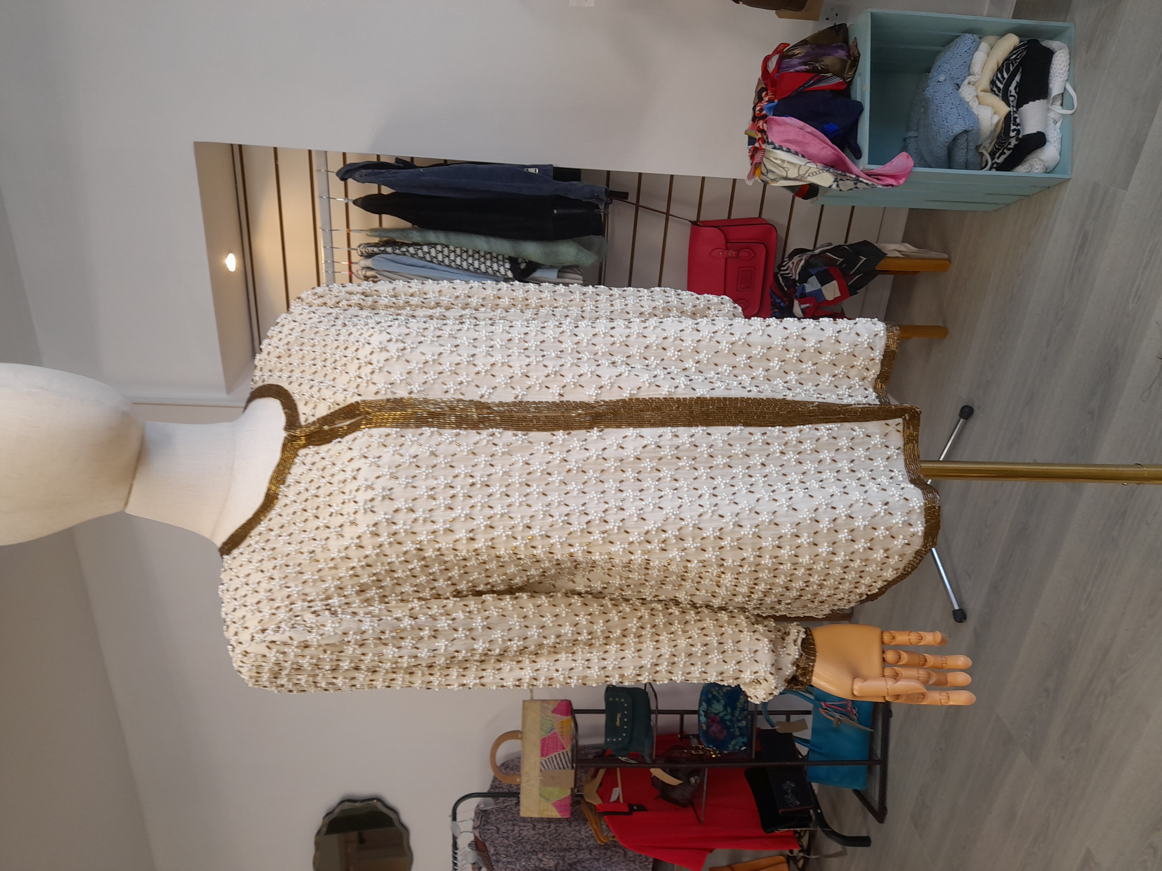 60s Vintage Silk Cream Jacket, with cream and bronze beads, Size L