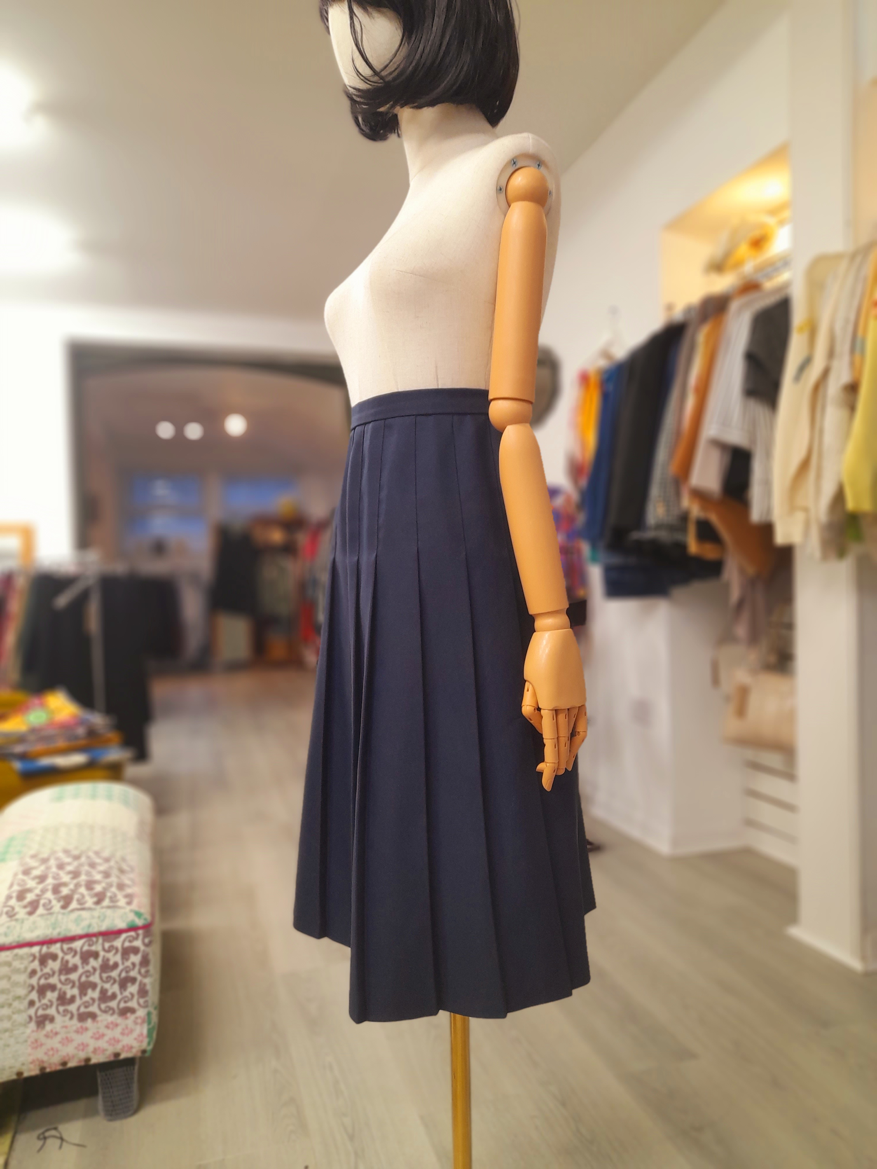 Vintage Karey Pleated Navy Midi Skirt, Size L