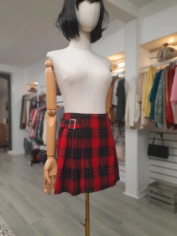 Mini Black and Red Check Pleated Skirt with attached shorts, size S