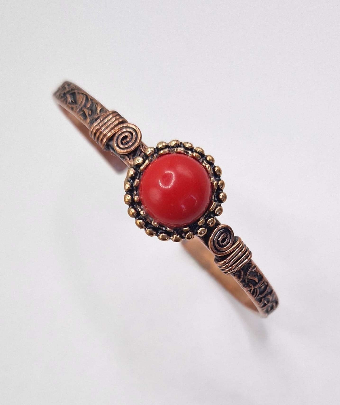 Copper Bracelet with Red Coral Stone – Adjustable Artisan Jewelry