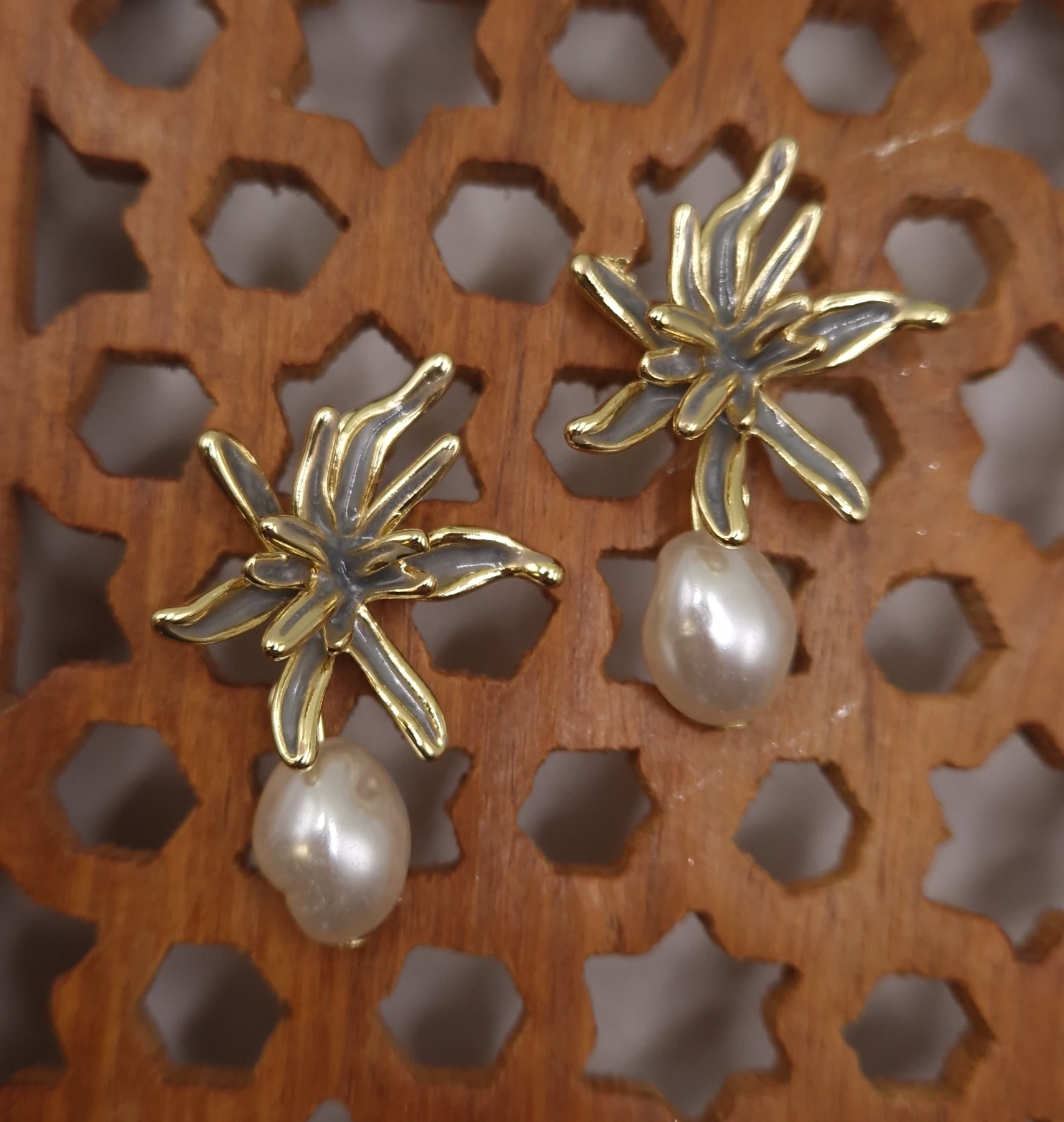 Gold-toned flower and baroque pearl drop earrings