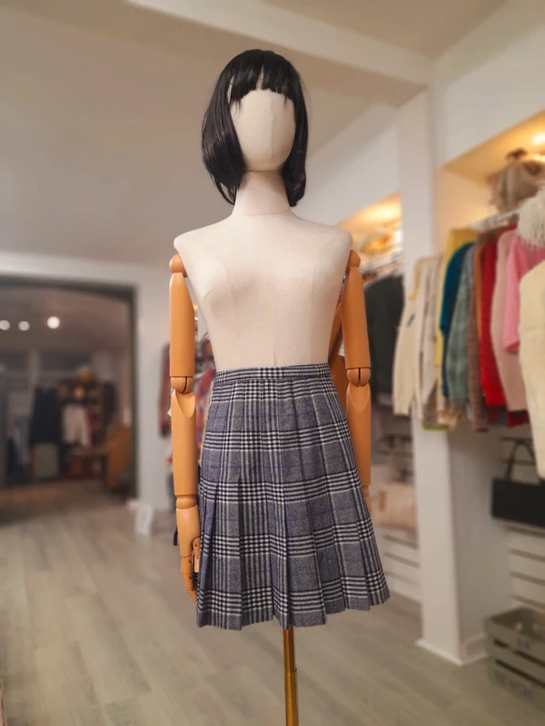 Vintage Navy & Blue Check Wool Mini Pleated Skirt, Size XS