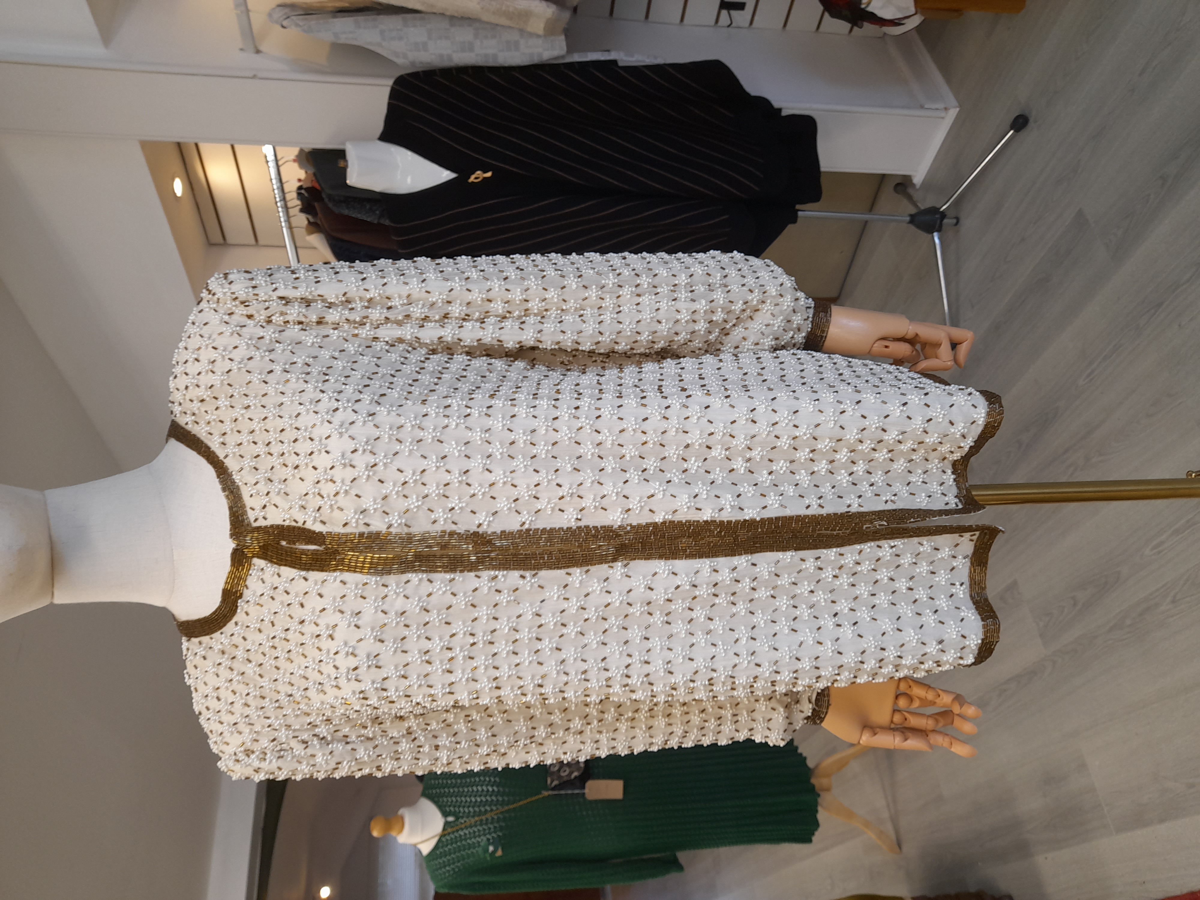 60s Vintage Silk Cream Jacket, with cream and bronze beads, Size L 