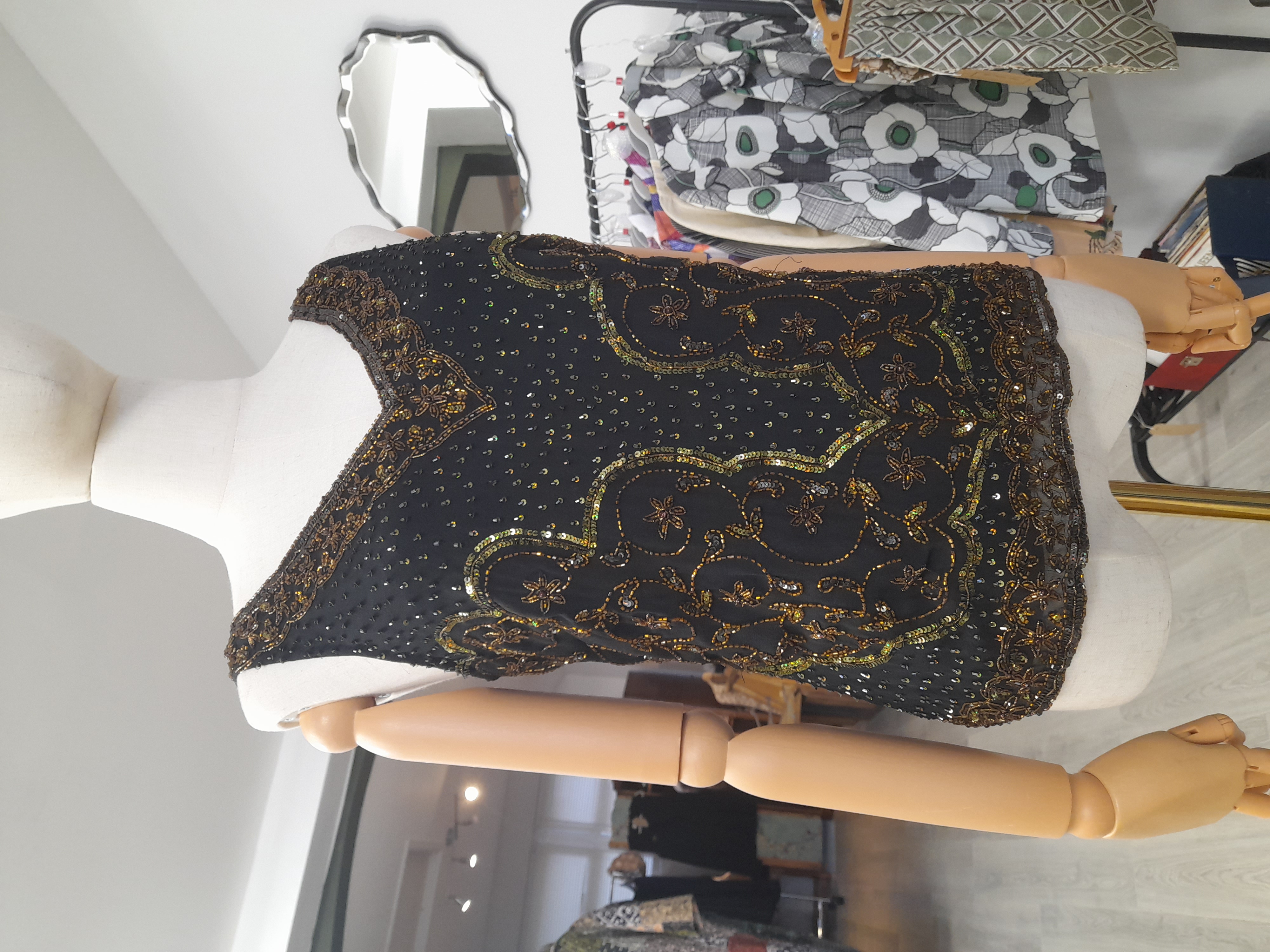 Malvin Vintage Silk Black Top with Gold and Green Beads, Size 38