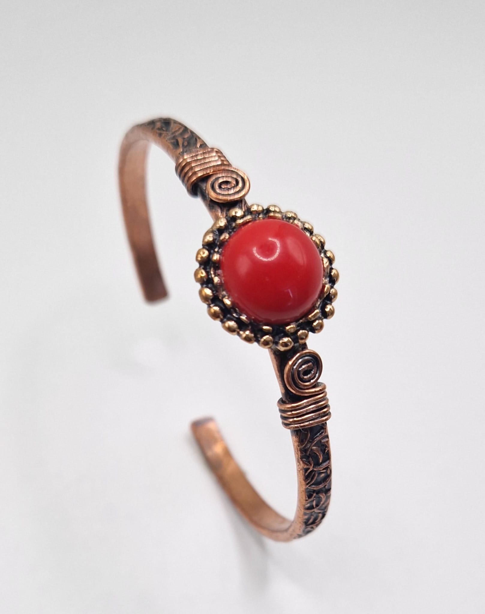 Copper Bracelet with Red Coral Stone – Adjustable Artisan Jewelry