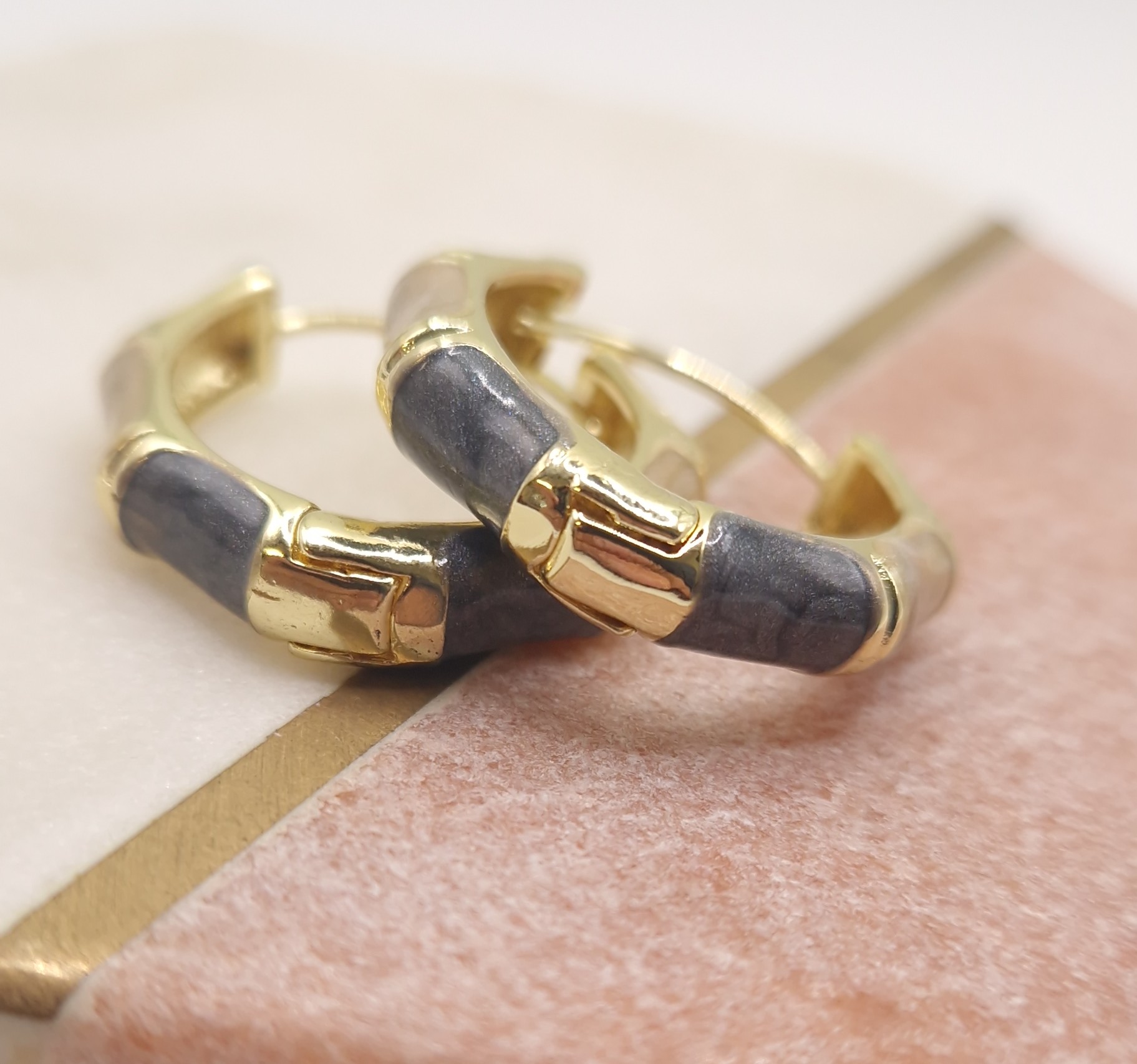 Gold and grey enamel bamboo-style hoop earrings