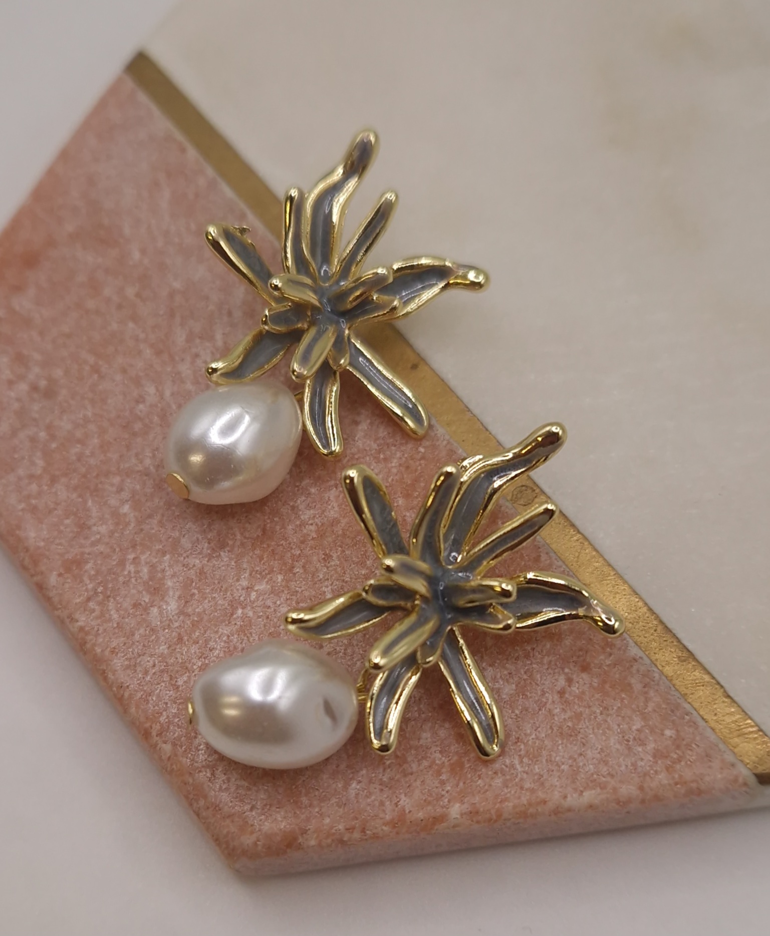 Gold-toned flower and baroque pearl drop earrings