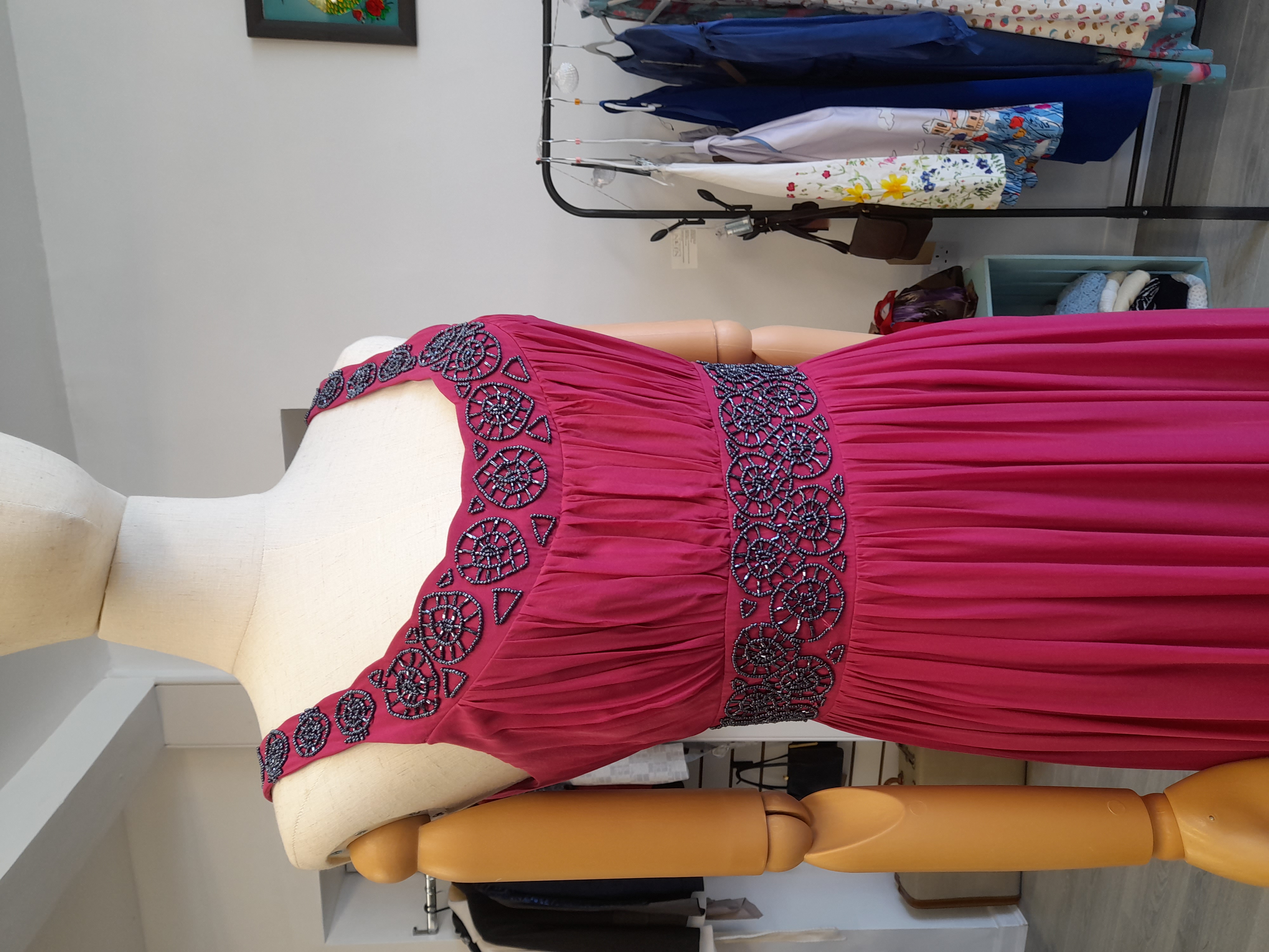 Twiggy The Collection Dark Pink Silk Dress with Grey Beads, size 12 