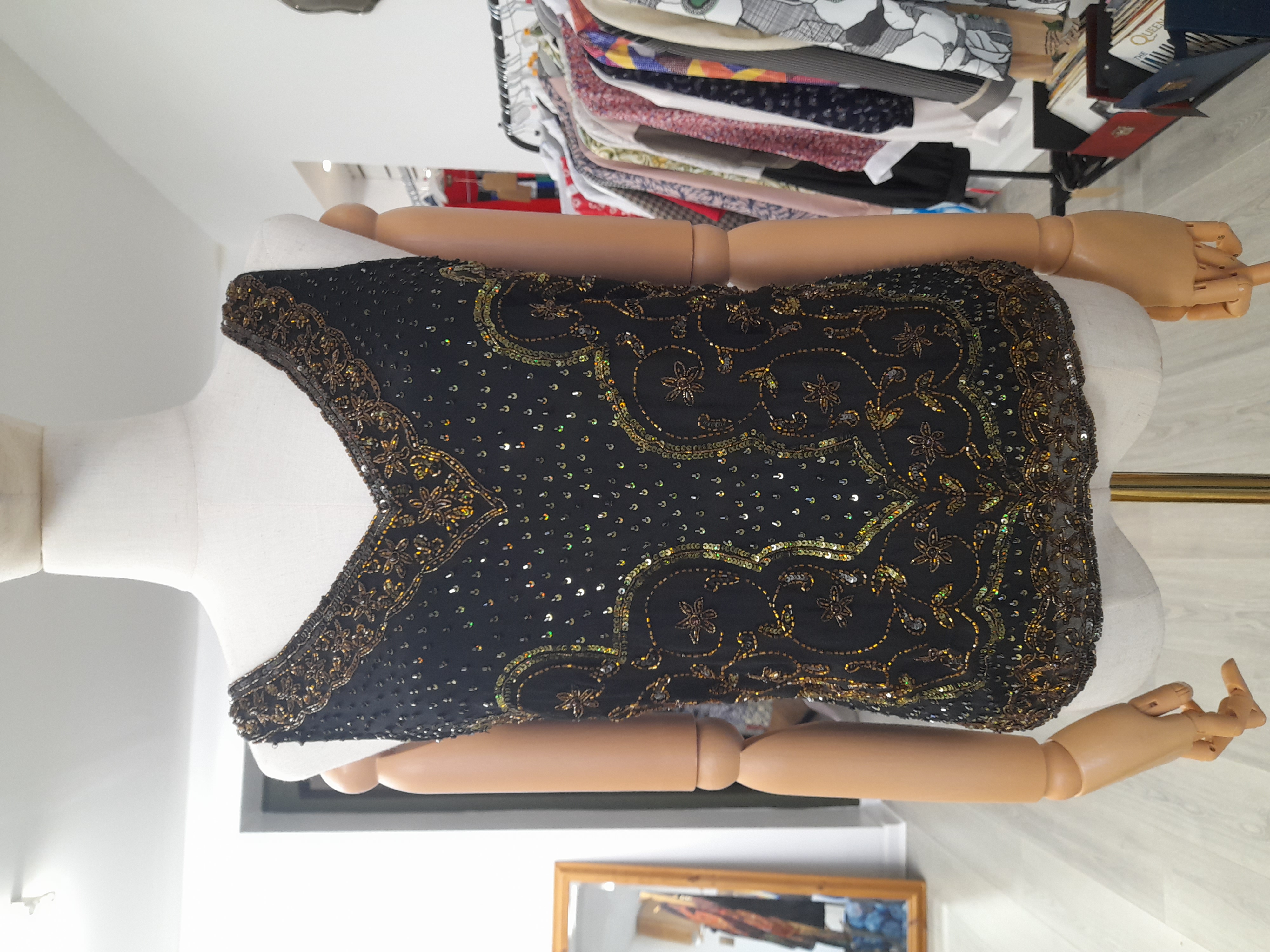 Malvin Vintage Silk Black Top with Gold and Green Beads, Size 38