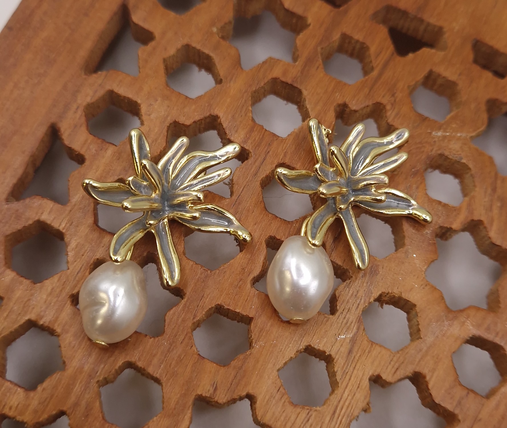 Gold-toned flower and baroque pearl drop earrings