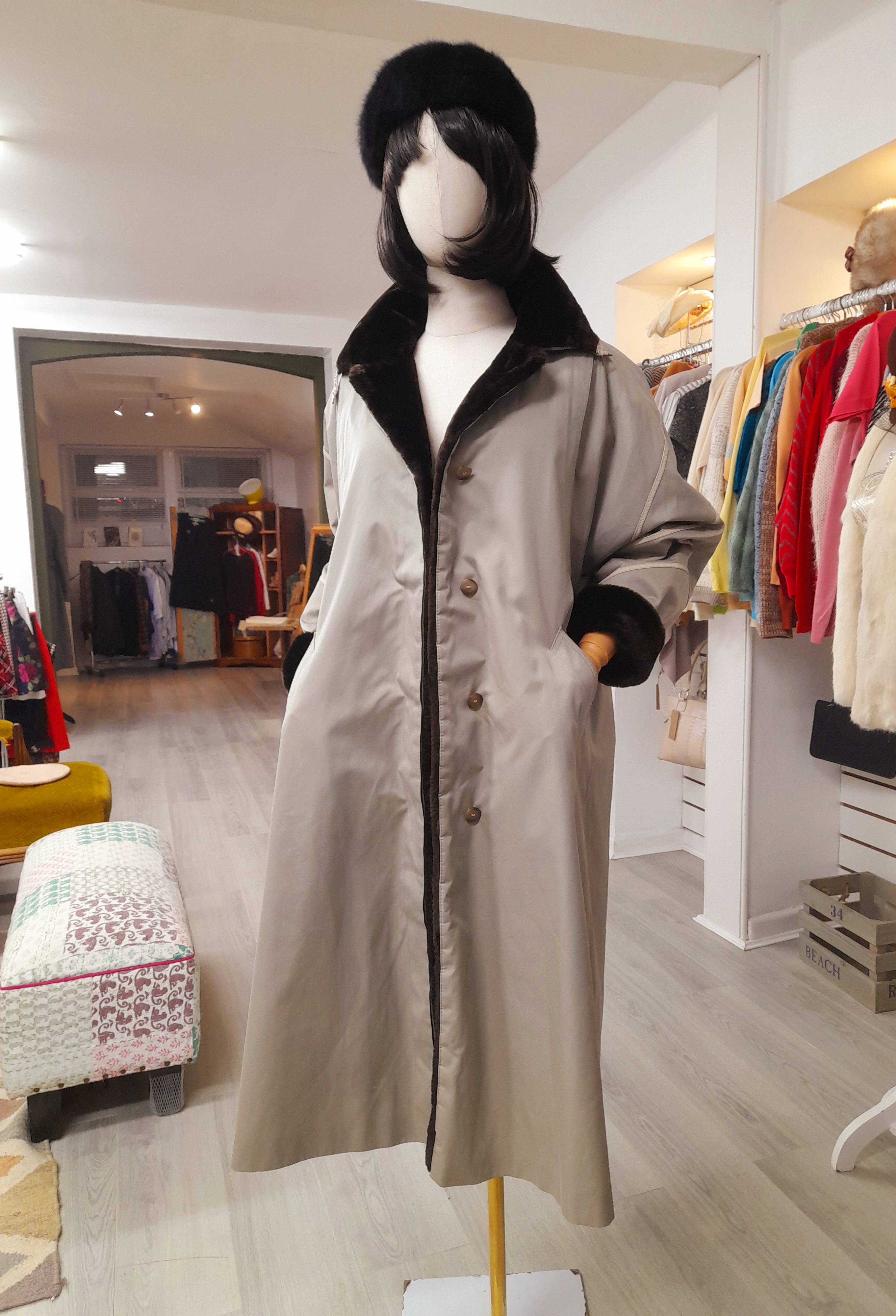 Vintage Jolipel Fully Faux Fur Lined Trench coat/ Long Coat, Size S to M