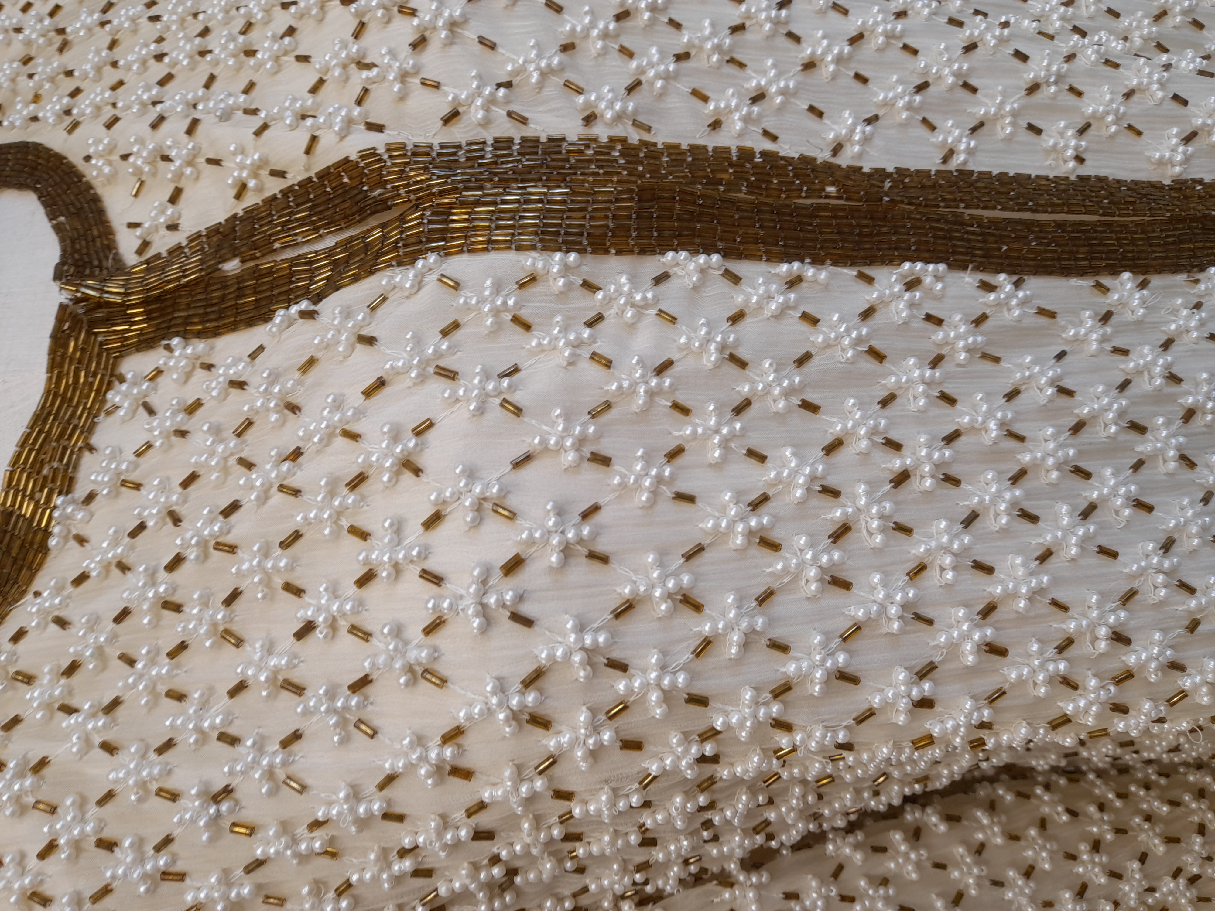 60s Vintage Silk Cream Jacket, with cream and bronze beads, Size L 