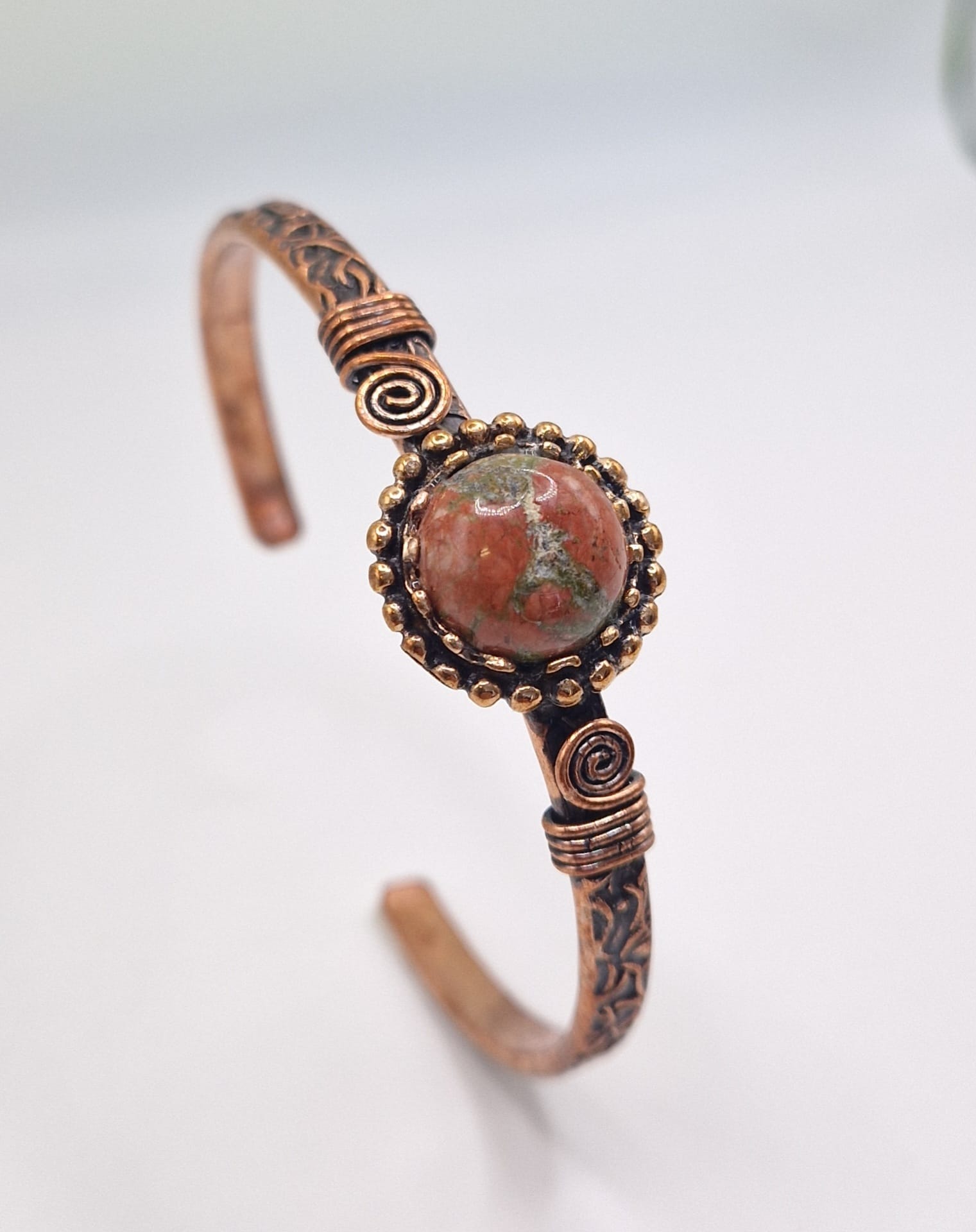 Copper Bracelet with Natural Jasper Stone – Adjustable Artisan Jewelry