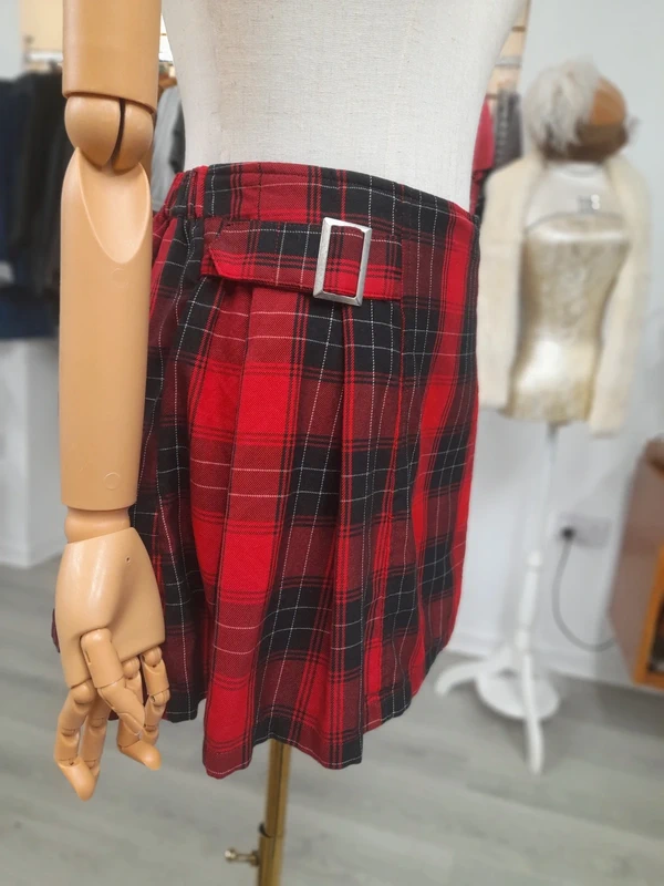Mini Black and Red Check Pleated Skirt with attached shorts, size S