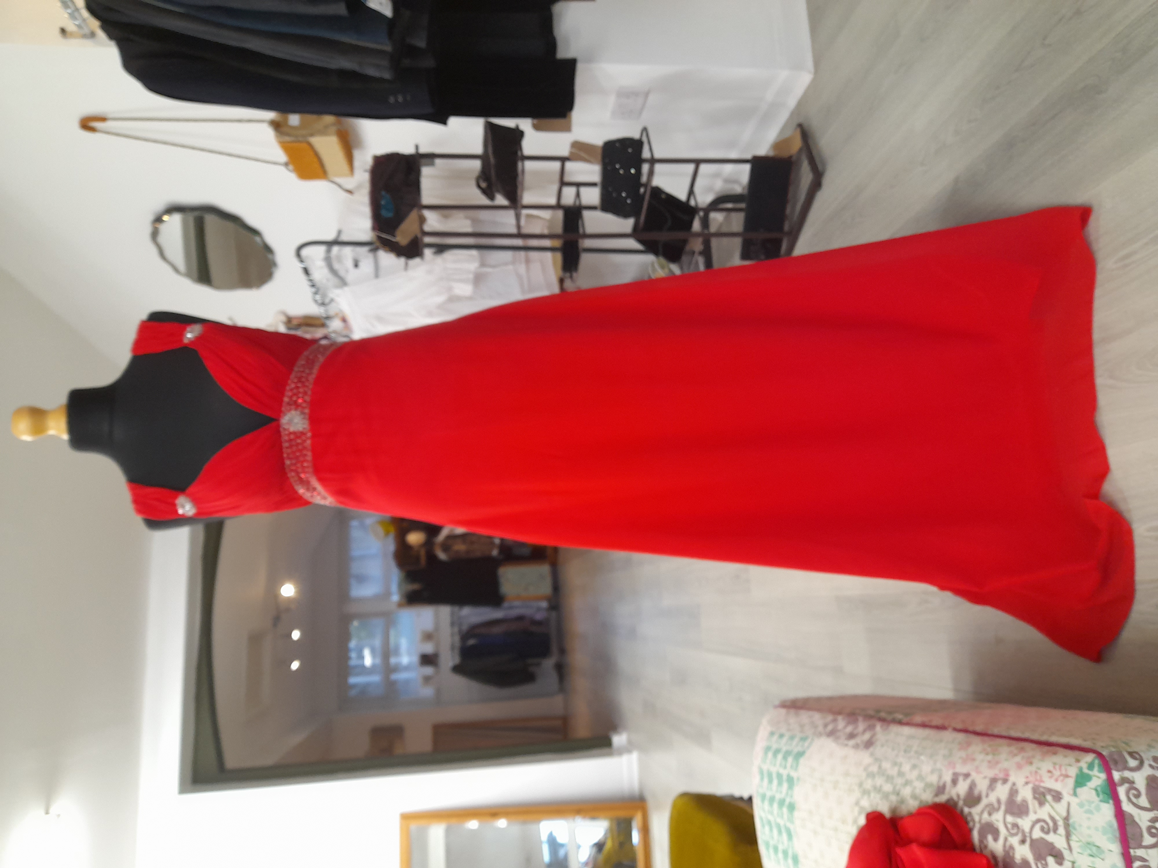 Red Chiffon Long Wedding Evening Dress, Neck Crystal Rhinestone Beaded Size 8