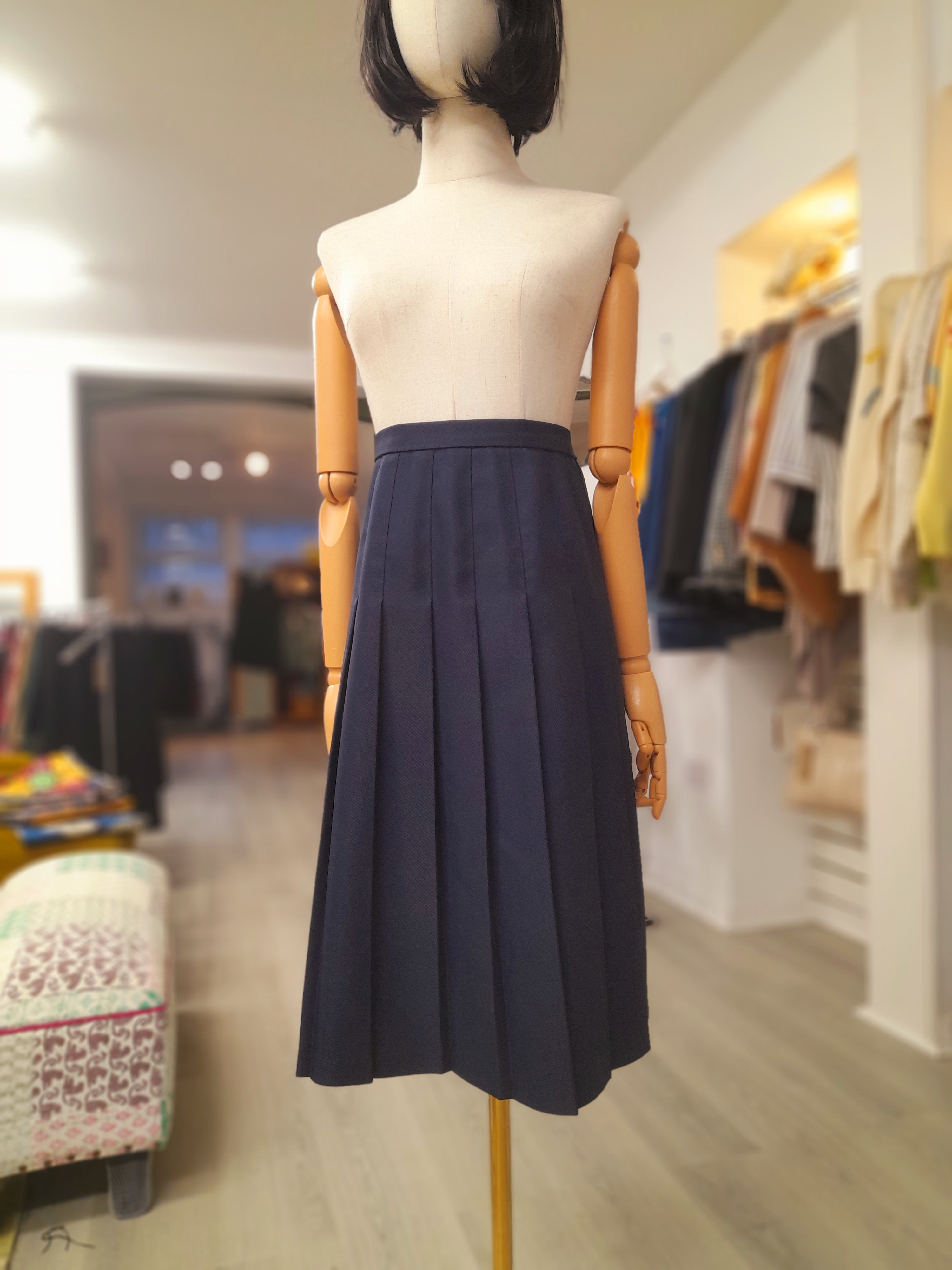 Vintage Karey Pleated Navy Midi Skirt, Size L