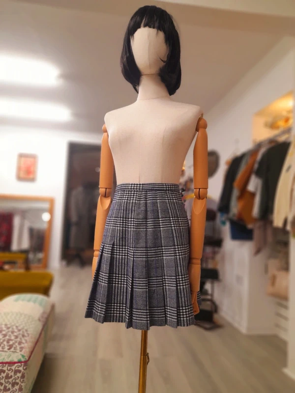 Vintage Navy & Blue Check Wool Mini Pleated Skirt, Size XS