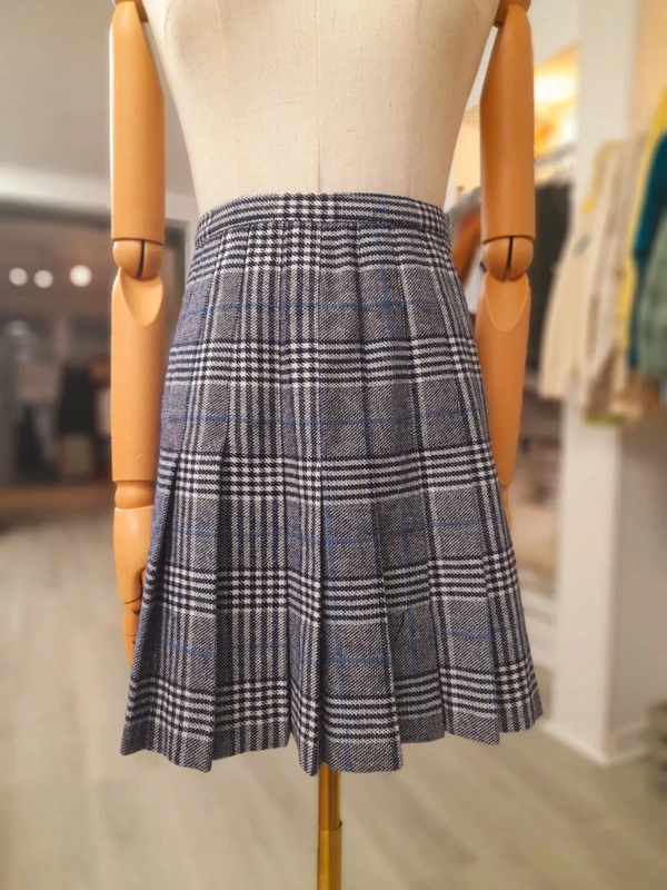Vintage Navy & Blue Check Wool Mini Pleated Skirt, Size XS