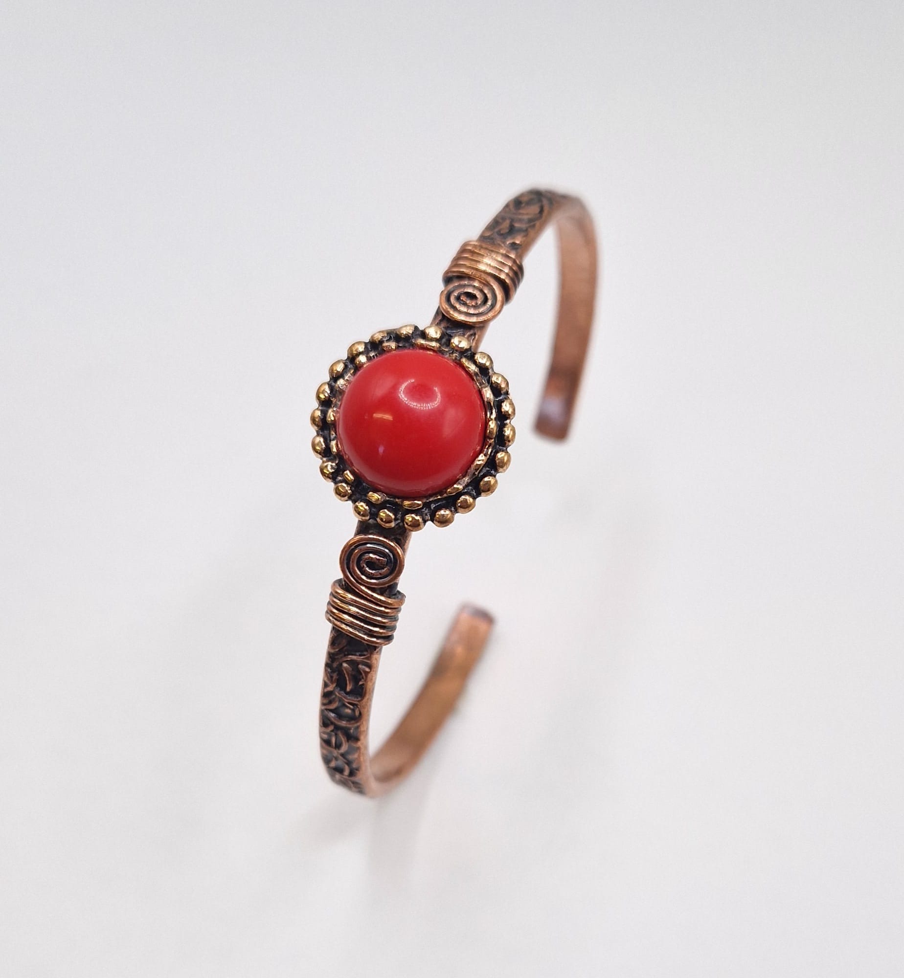 Copper Bracelet with Red Coral Stone – Adjustable Artisan Jewelry