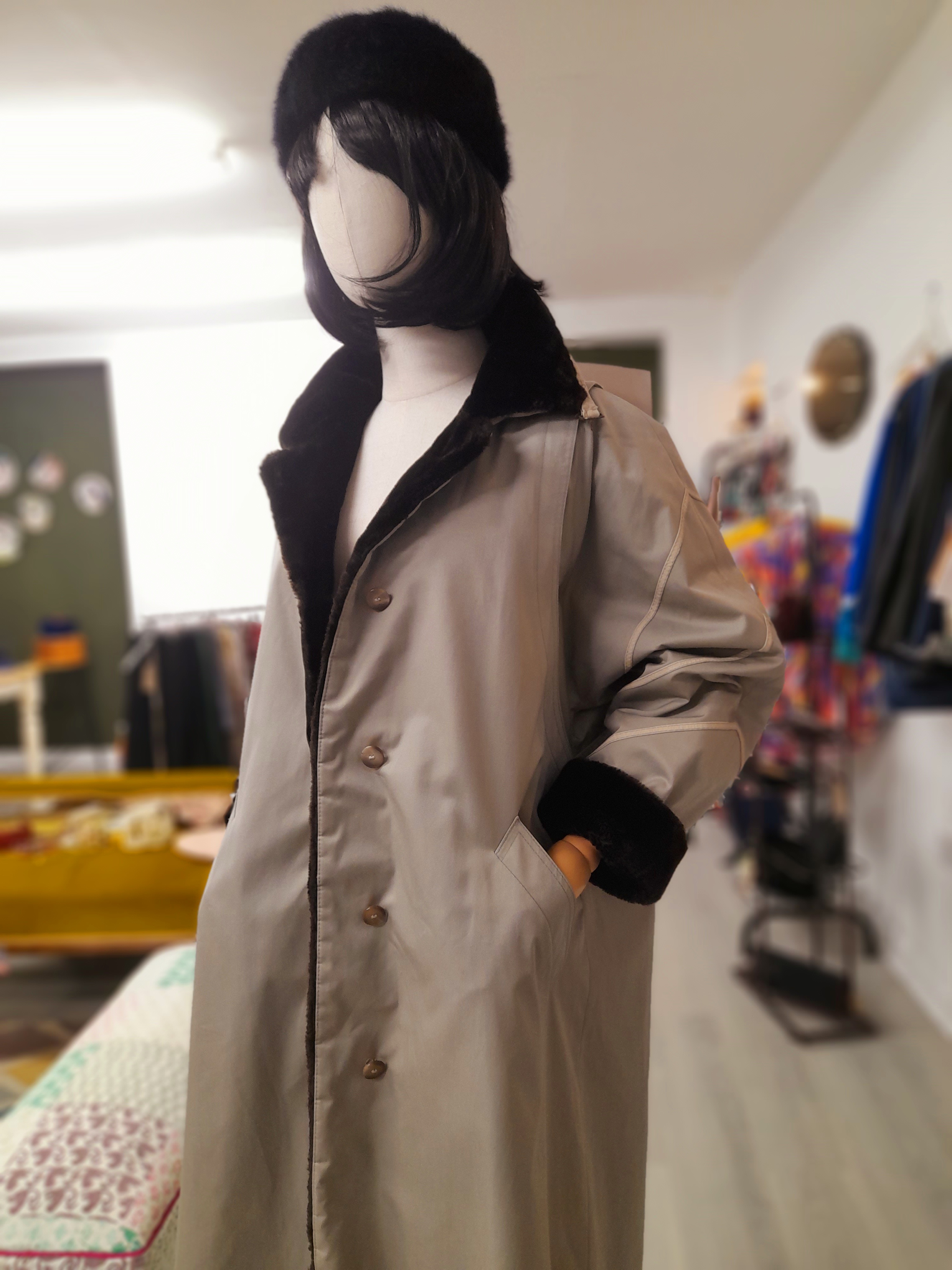 Vintage Jolipel Fully Faux Fur Lined Trench coat/ Long Coat, Size S to M