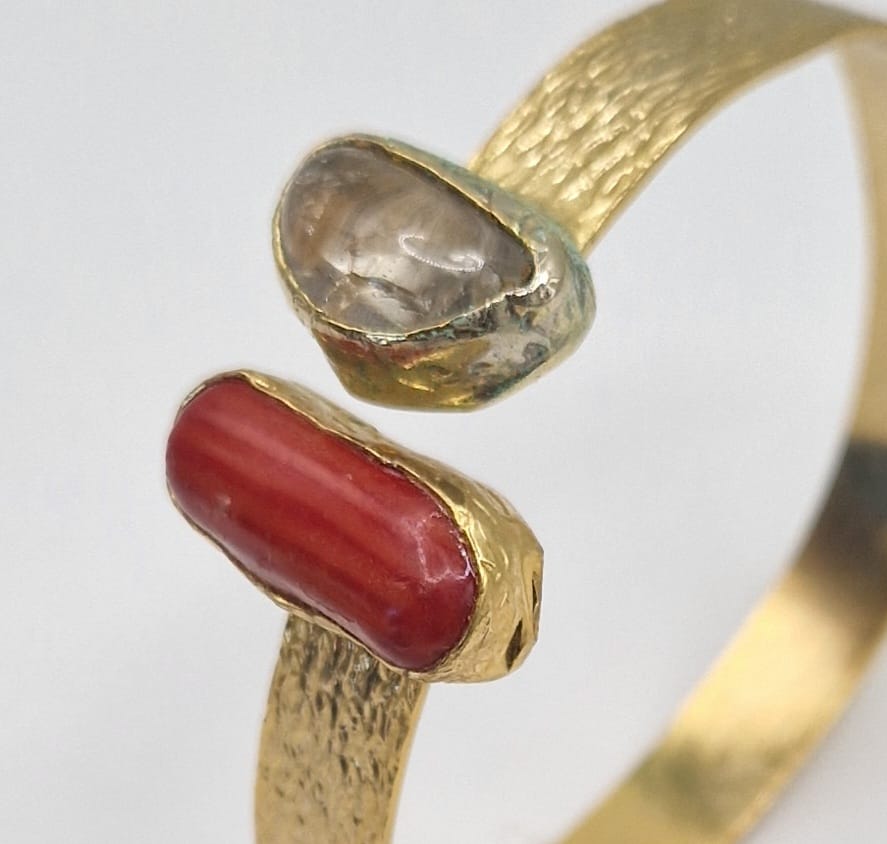 Handcrafted Gold-plated Bracelet with Red Coral & Crystal Quartz