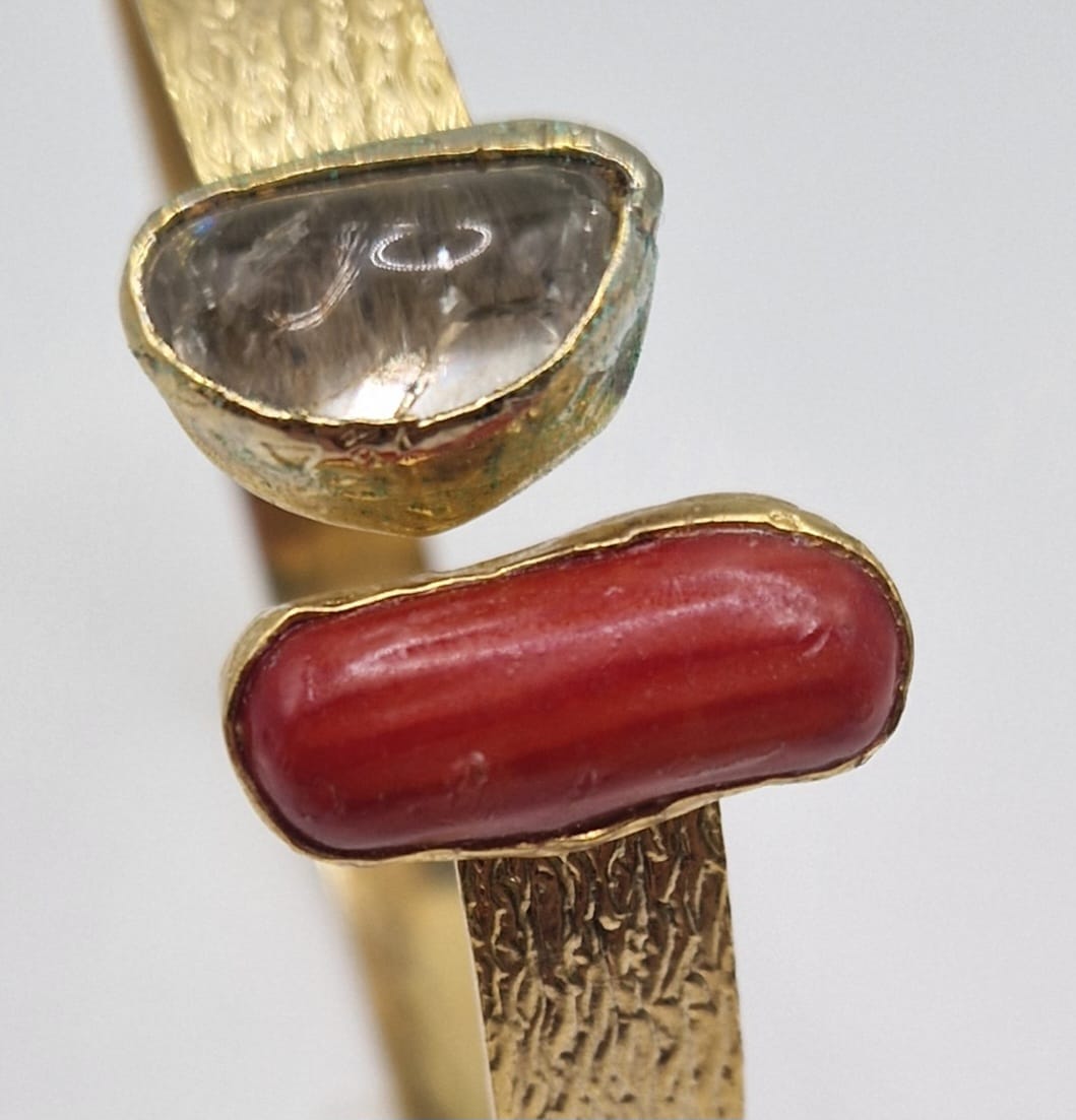 Handcrafted Gold-plated Bracelet with Red Coral & Crystal Quartz