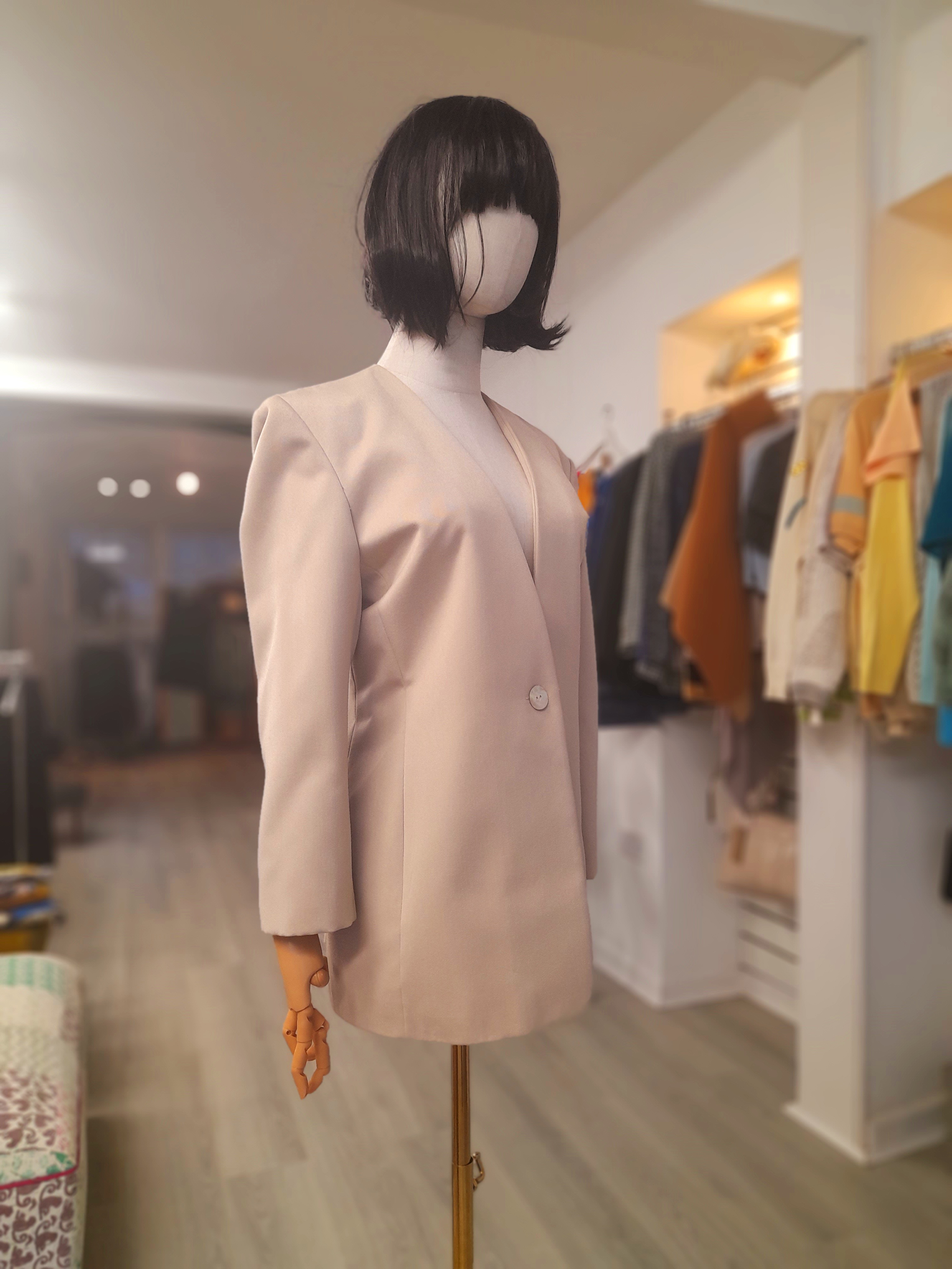 Vintage Imogen Collarless Beige Single-button Blazer, Size M to L