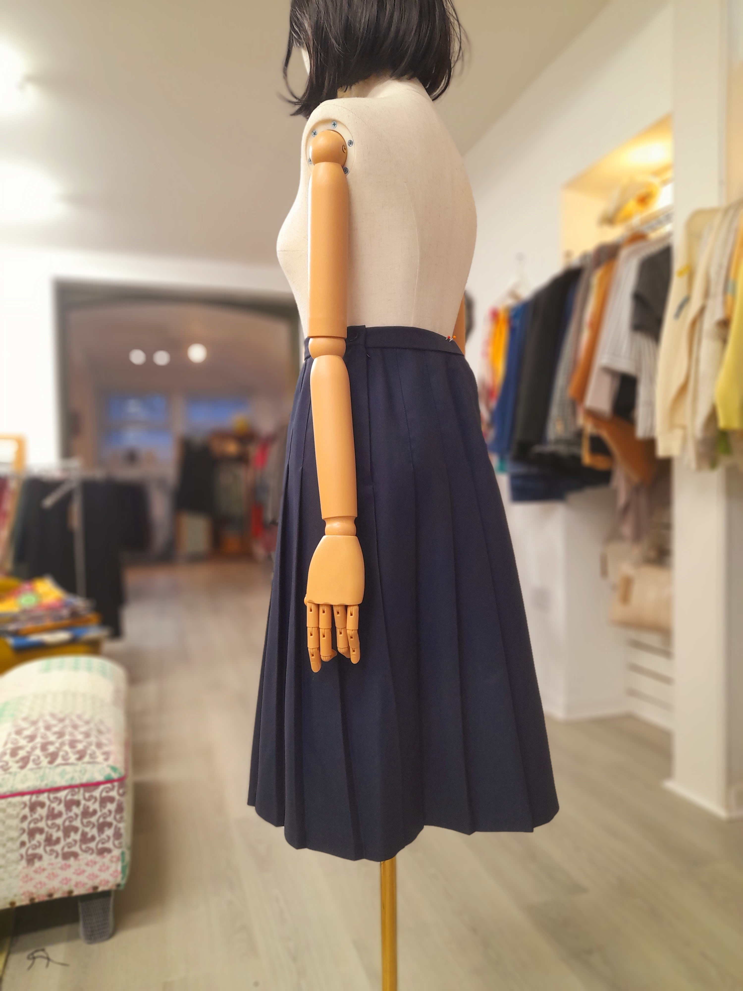 Vintage Karey Pleated Navy Midi Skirt, Size L