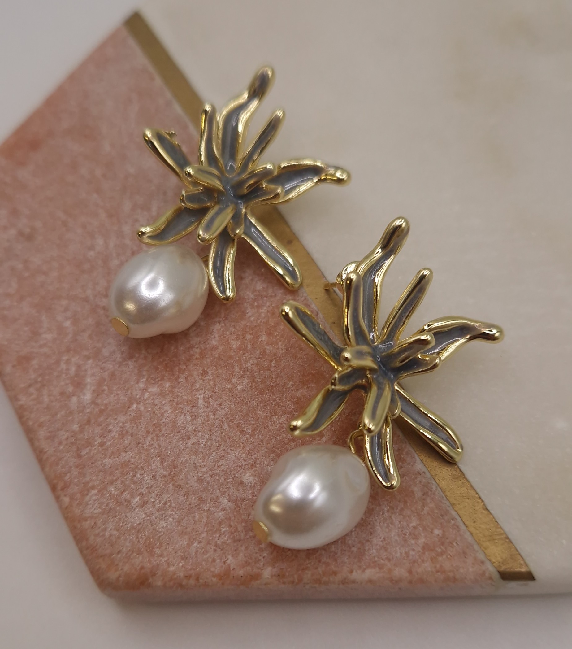 Gold-toned flower and baroque pearl drop earrings