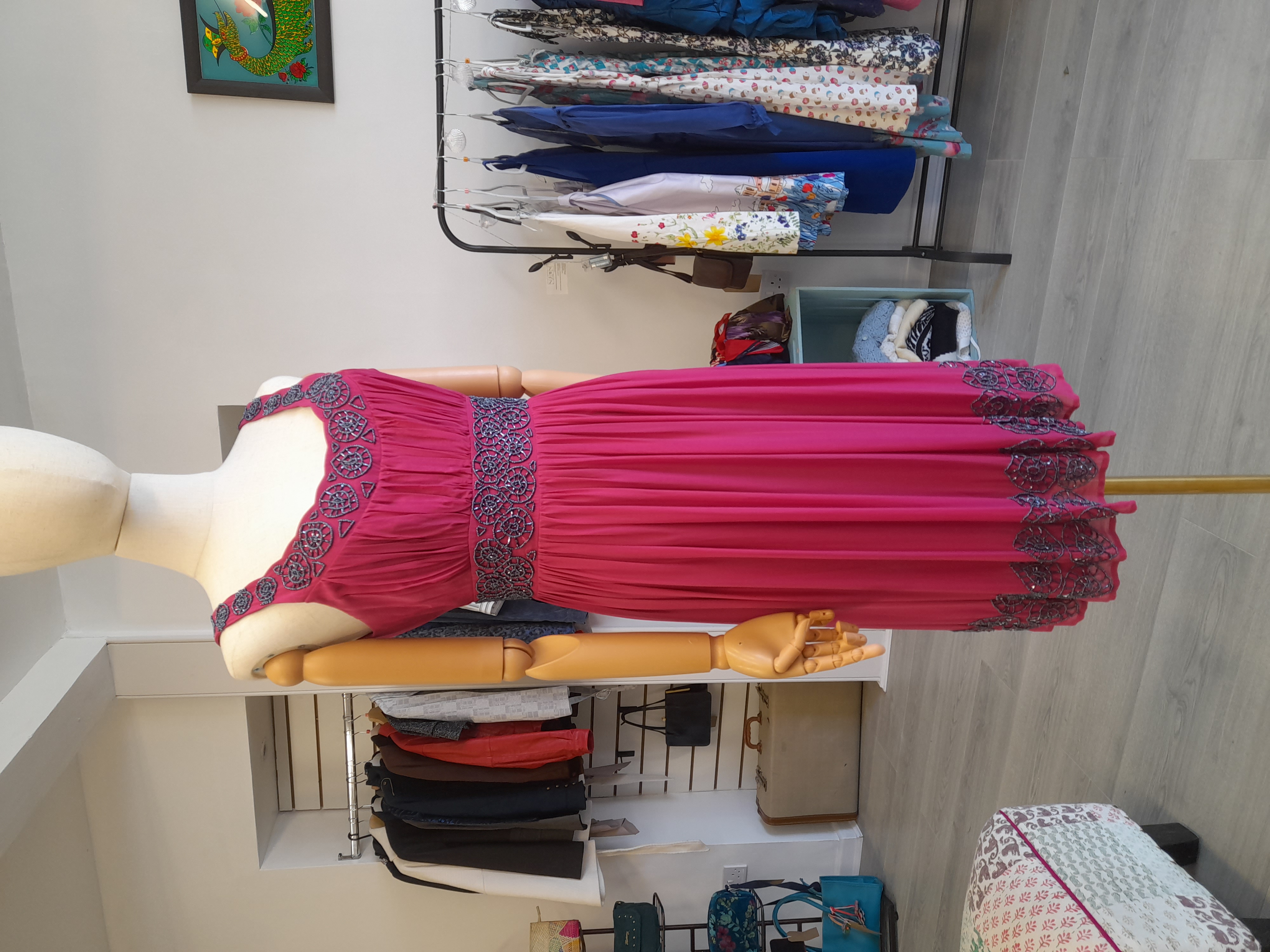 Twiggy The Collection Dark Pink Silk Dress with Grey Beads, size 12 