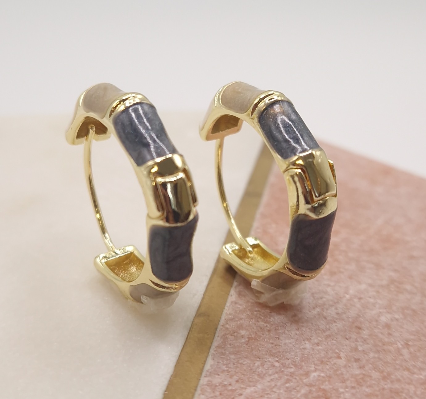 Gold and grey enamel bamboo-style hoop earrings