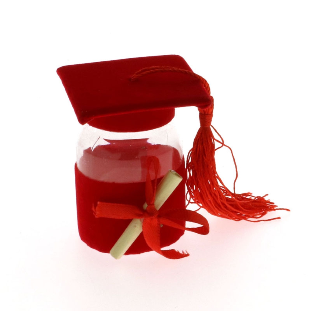 barattolo con tappo a forma di tocco color rosso