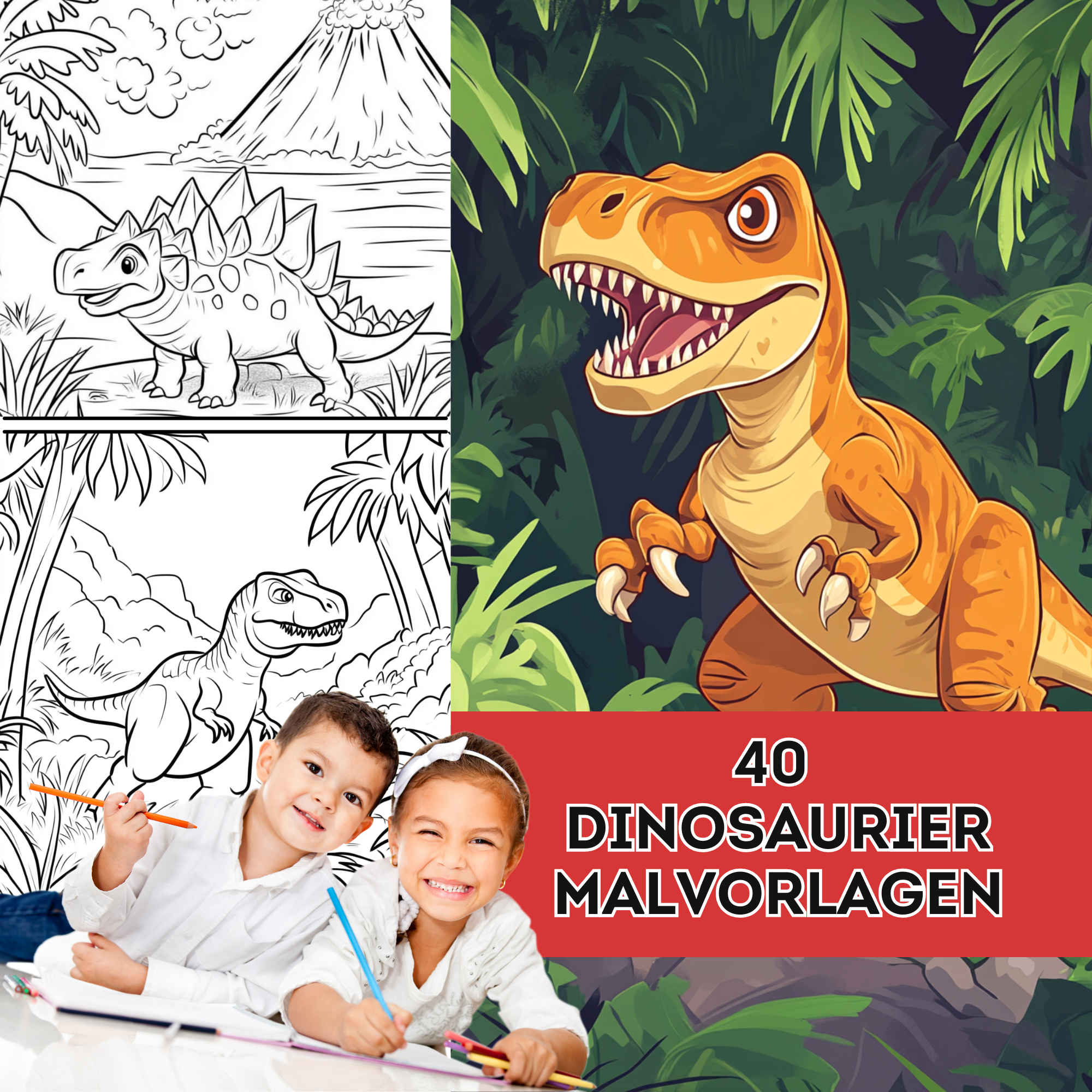 40 Dinosaurier-Malvorlagen für Kinder (Alter ab 6 Jahre): Kreatives Ausmalen von Dino-Abenteuern in abwechslungsreichen Landschaften