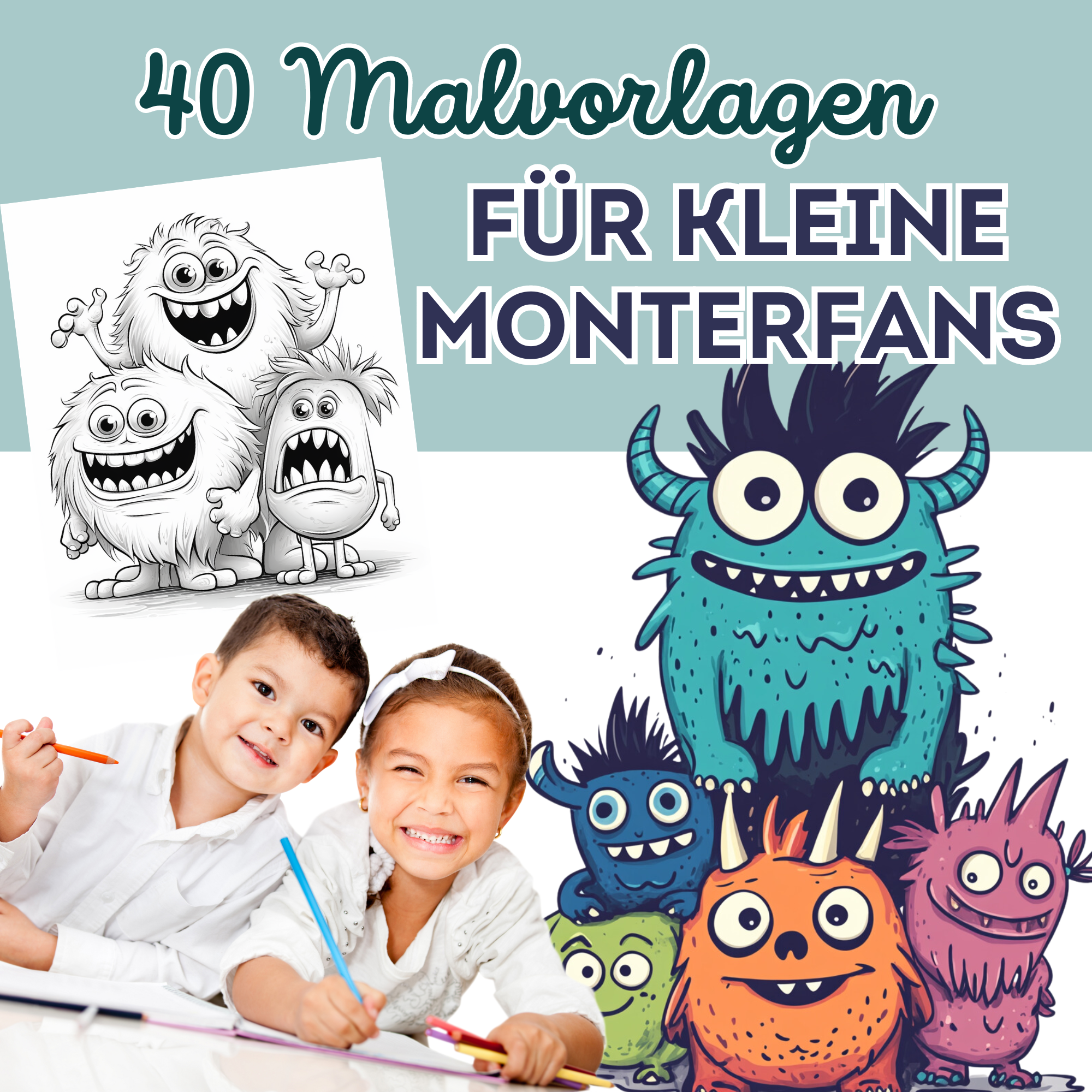 40 schrecklich niedliche Monster-Malvorlagen für Kinder ab 6 Jahren, Monster Malbuch, süße Monstermotive zum Ausmalen I Digitaler Download