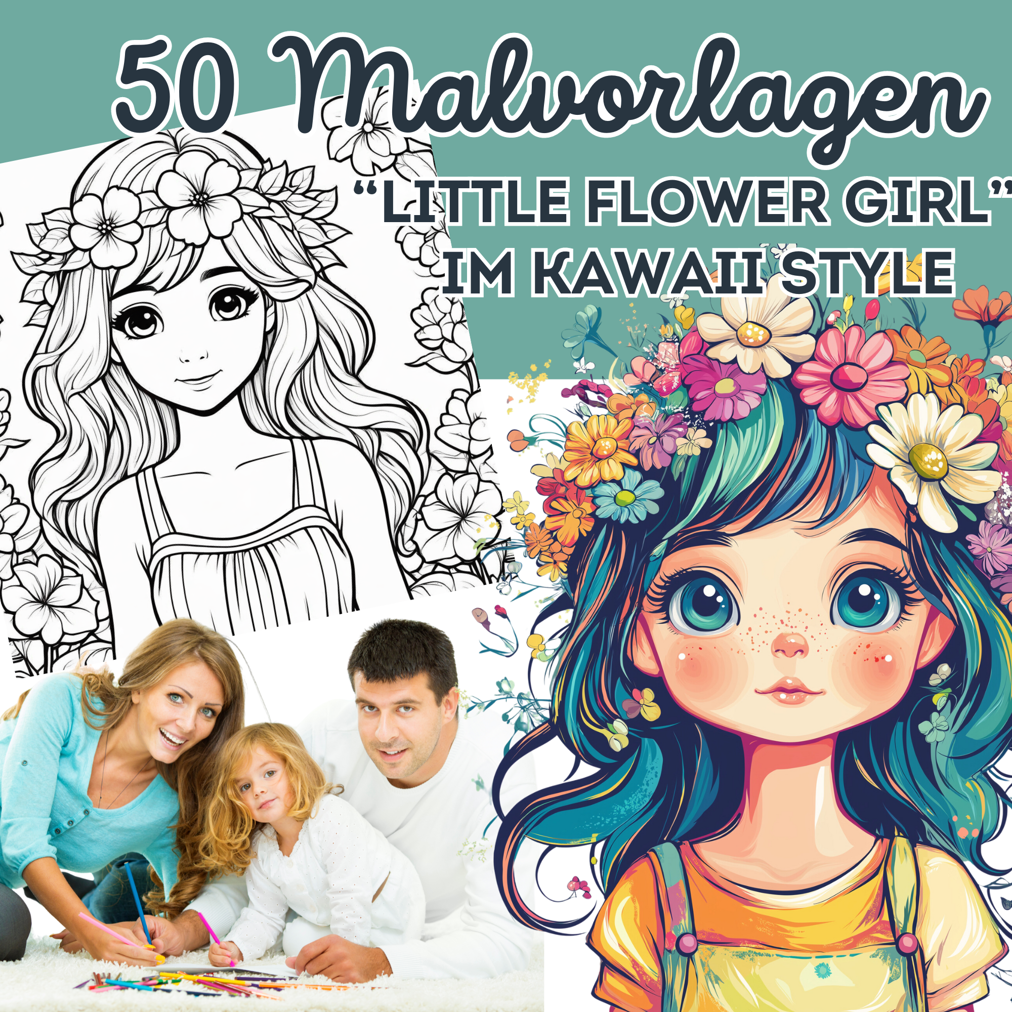 50 "Little Flower Girl"-Malvorlagen | Bold & easy | Für Kinder und Erwachsene | für Entspannung und Kreativität I Digitaler Download (A4)