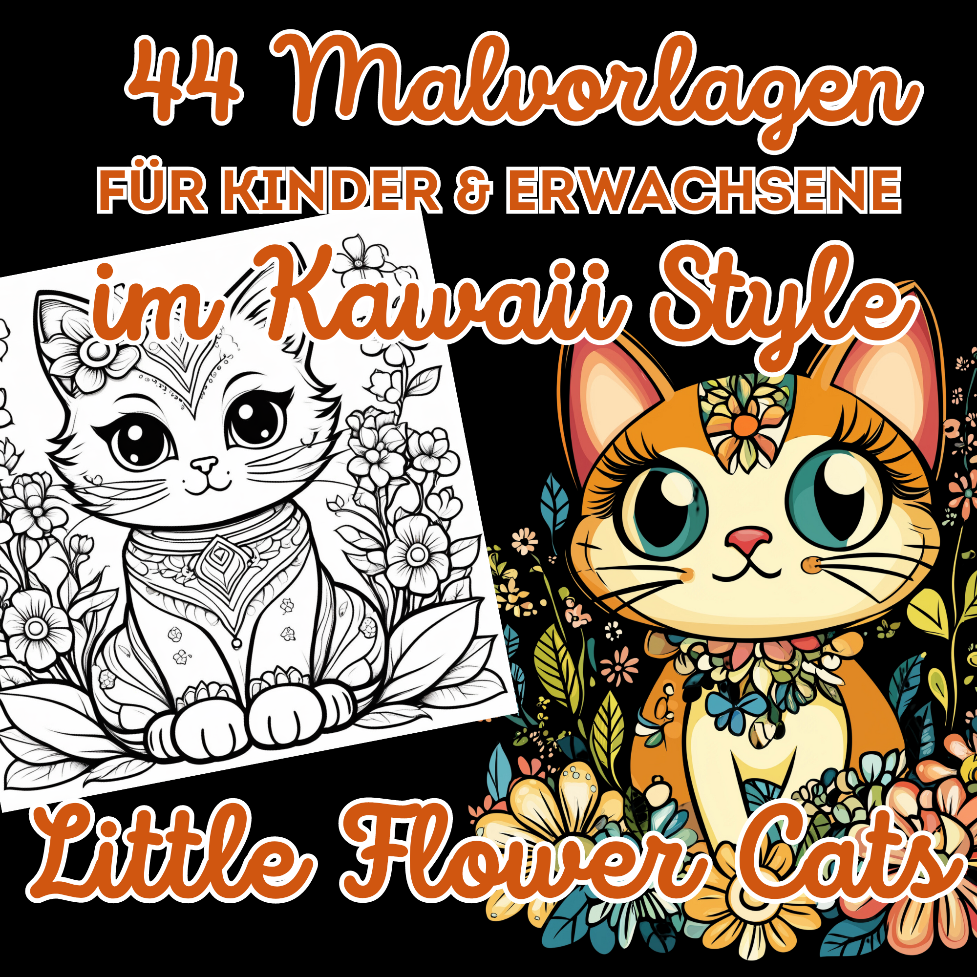 Little Flower Cats | 44 Malvorlagen für Kinder und Erwachsene I Kawaii Style | Bold & easy | Digitaler Download I Entspannung I Kreativität