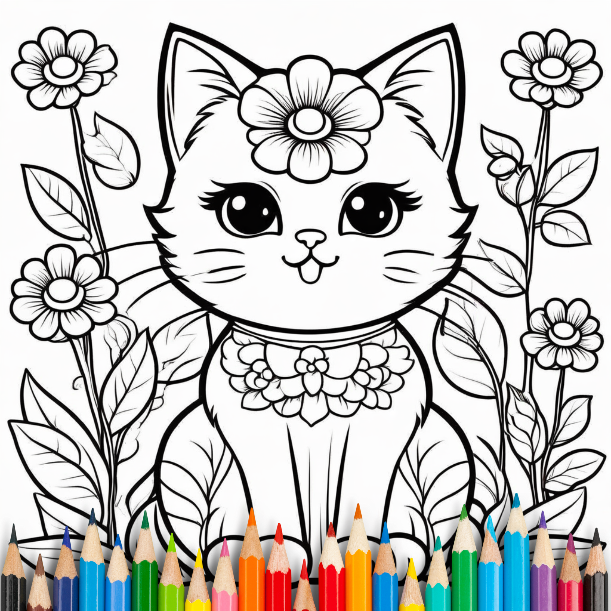 Little Flower Cats | 44 Malvorlagen für Kinder und Erwachsene I Kawaii Style | Bold & easy | Digitaler Download I Entspannung I Kreativität