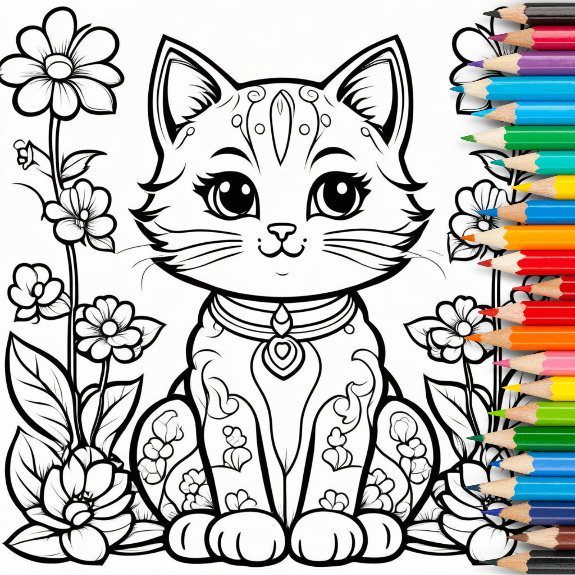 Little Flower Cats Coloring Book For Kids & Adults: 44 Bold & Easy Coloring Pages for Relaxation and Creativity