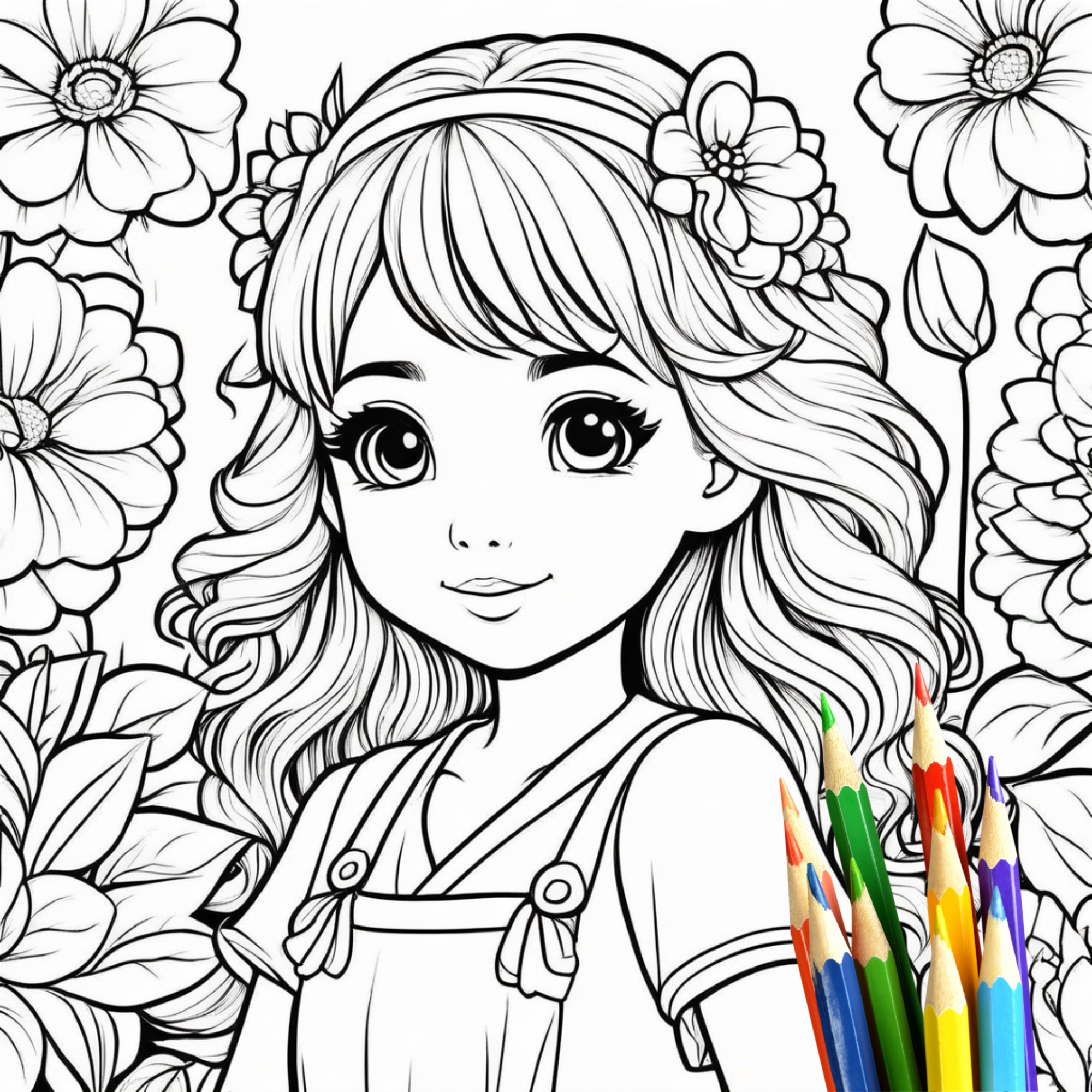 50 "Little Flower Girl"-Malvorlagen | Bold & easy | Für Kinder und Erwachsene |  für Entspannung und Kreativität I Digitaler Download (A4)