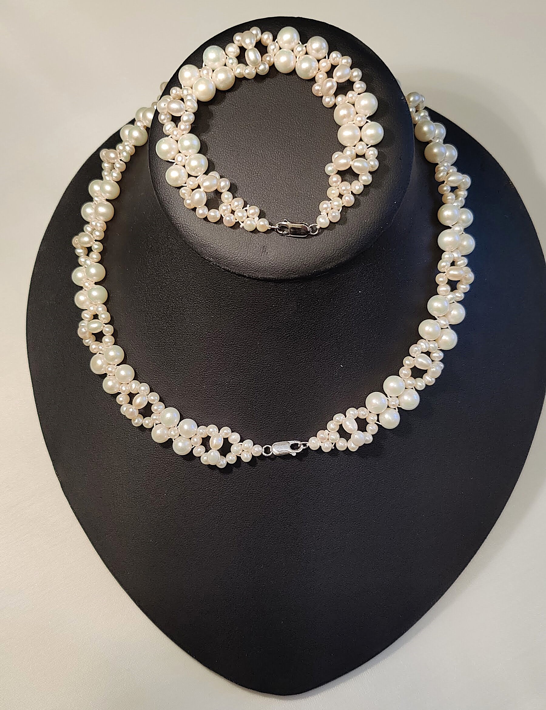 Cultured Pearl Necklace & Bracelet Set w/Sterling Silver Clasp