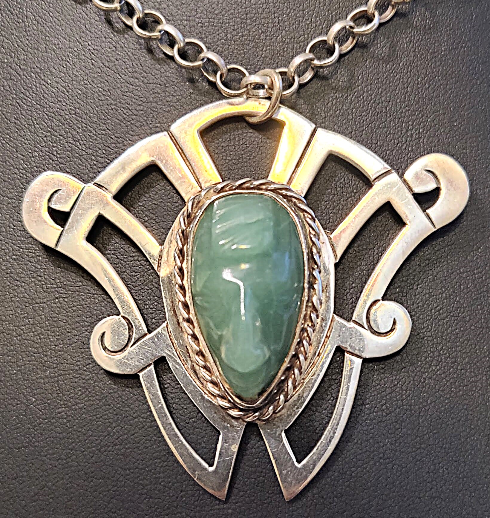 Sterling Brooch with Aztec Jade Face Carving. Signed 925 BVA TV-75