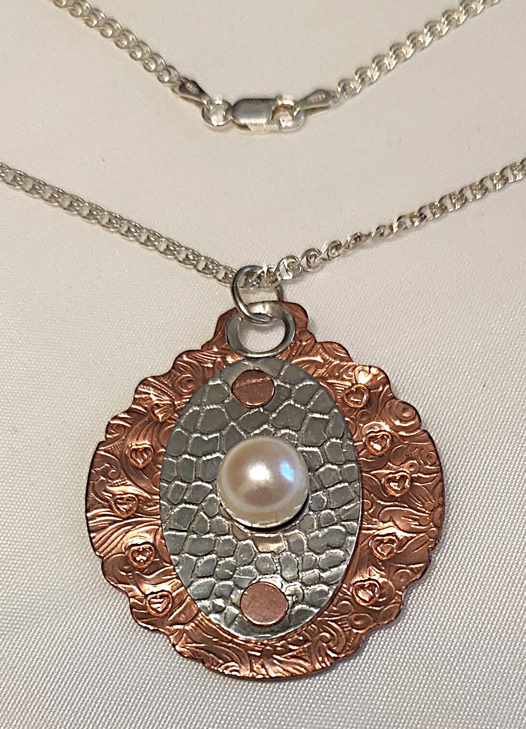 Sterling & Copper w/Embossed Hearts Handcrafted Cultured Pearl Pendant