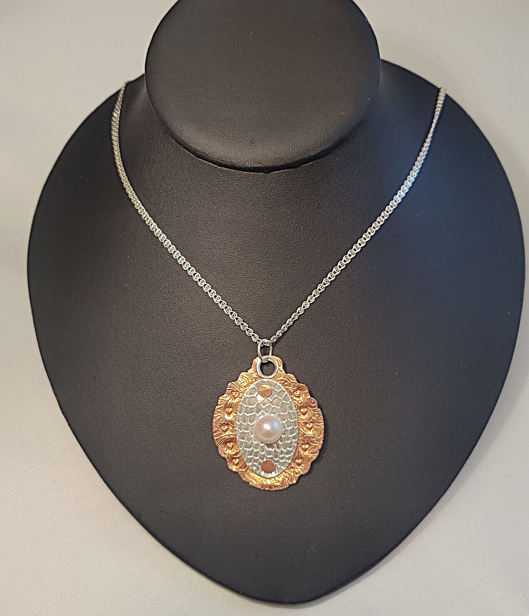 Sterling & Copper w/Embossed Hearts Handcrafted Cultured Pearl Pendant