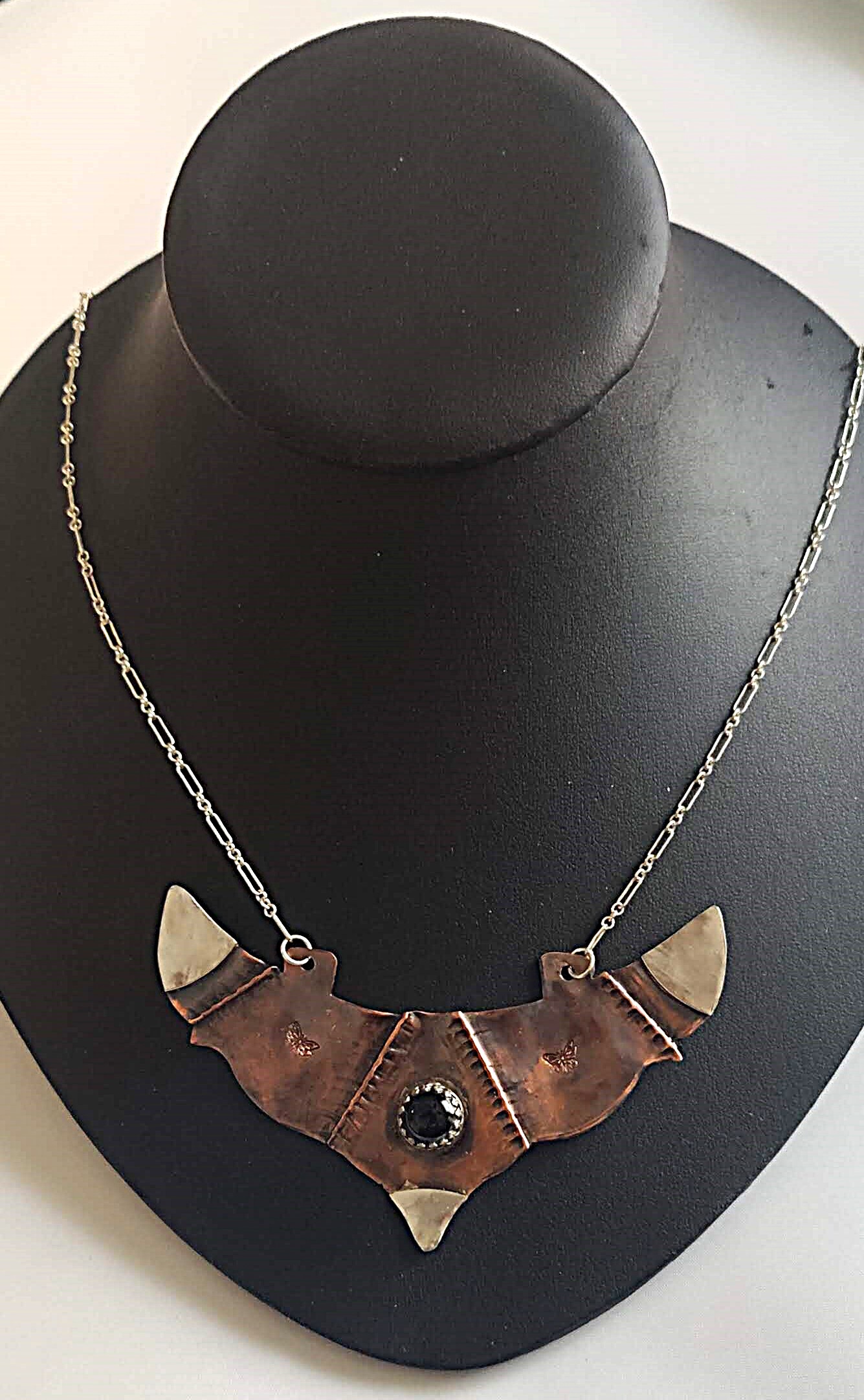 Copper & Sterling Art Nouveau Style Necklace w/Black Onyx Stone