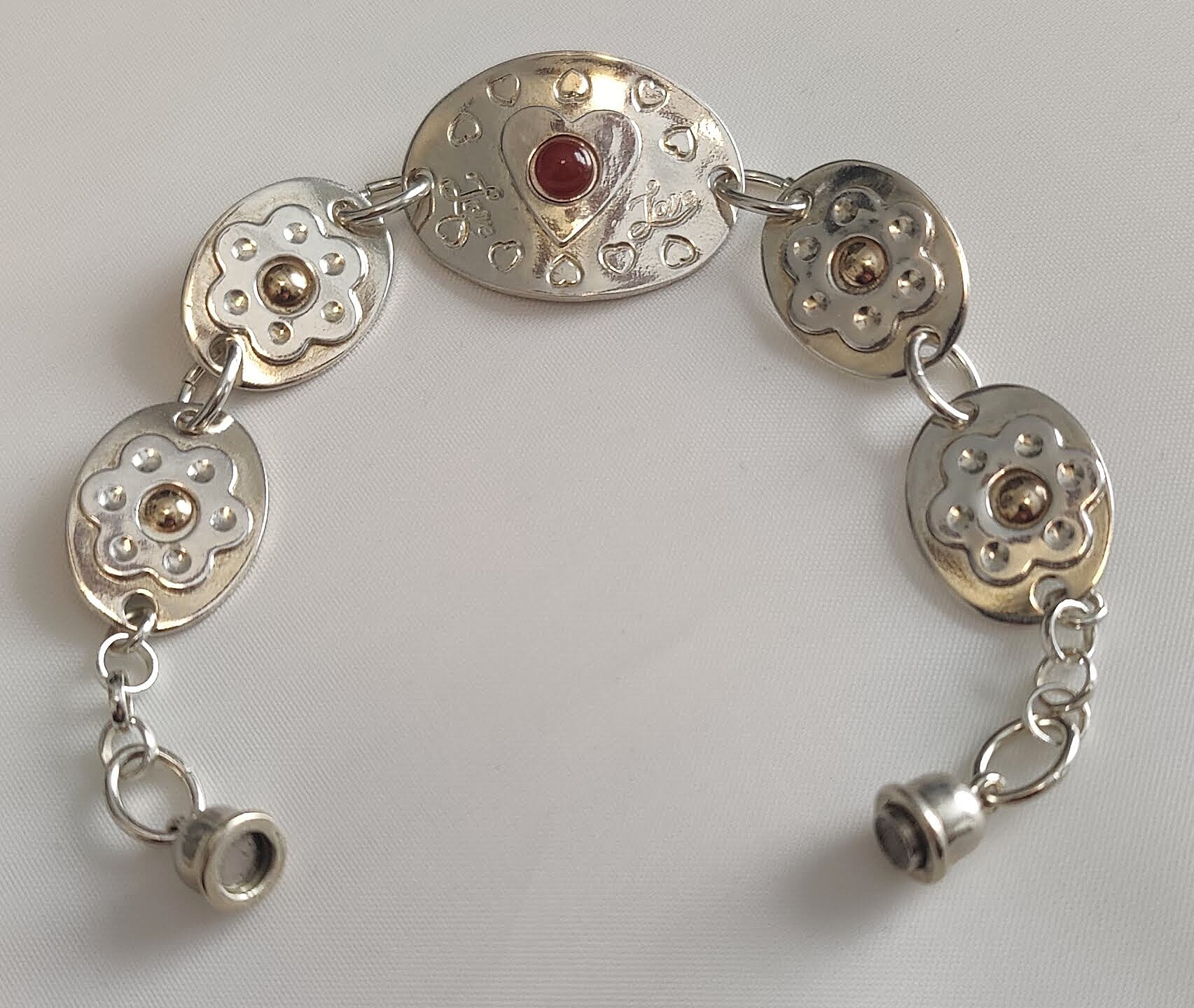 Sterling and 14k Gold 7" Love-Heart Bracelet with Carnelian Stone