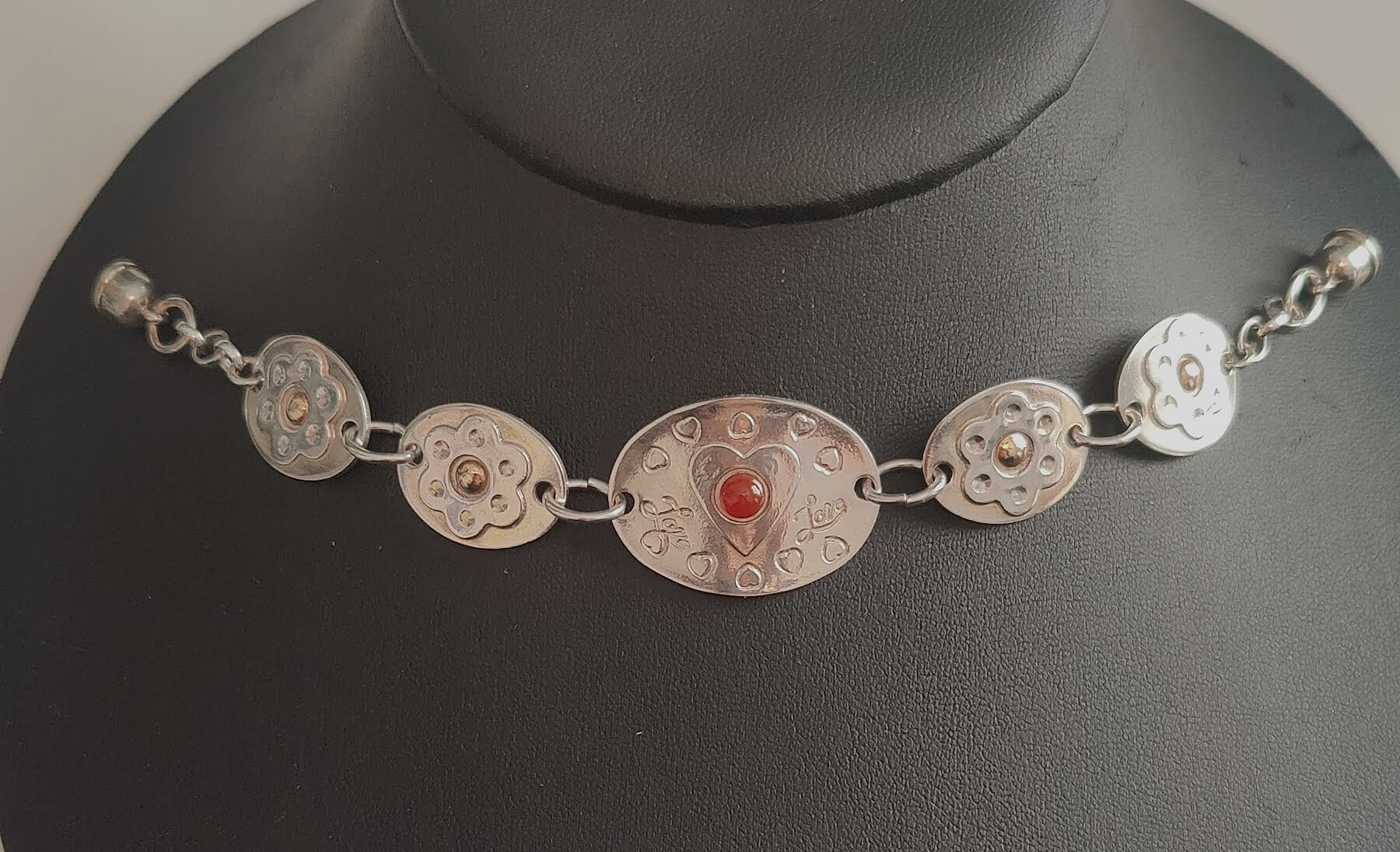 Sterling and 14k Gold 7" Love-Heart Bracelet with Carnelian Stone