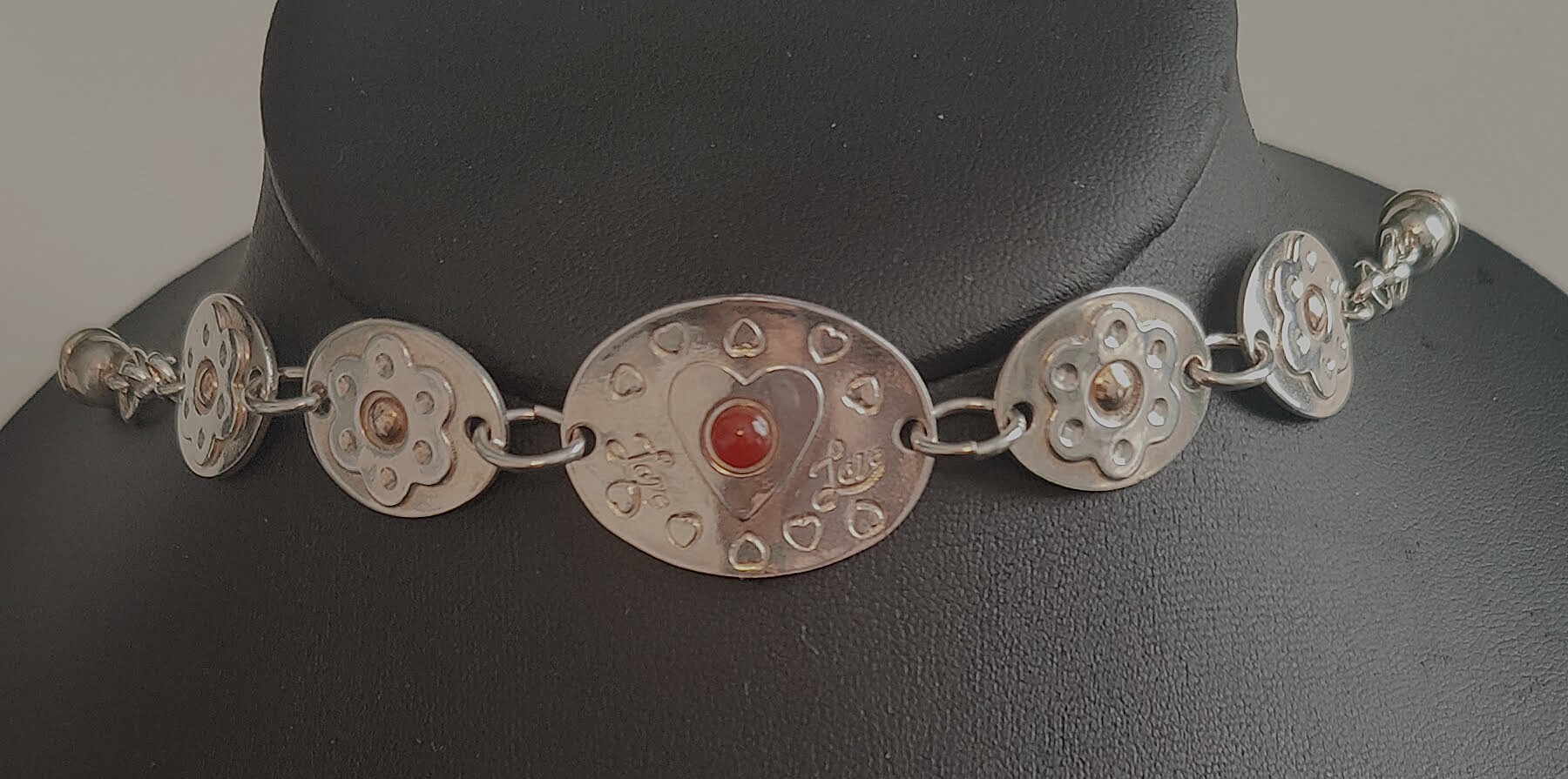 Sterling and 14k Gold 7" Love-Heart Bracelet with Carnelian Stone