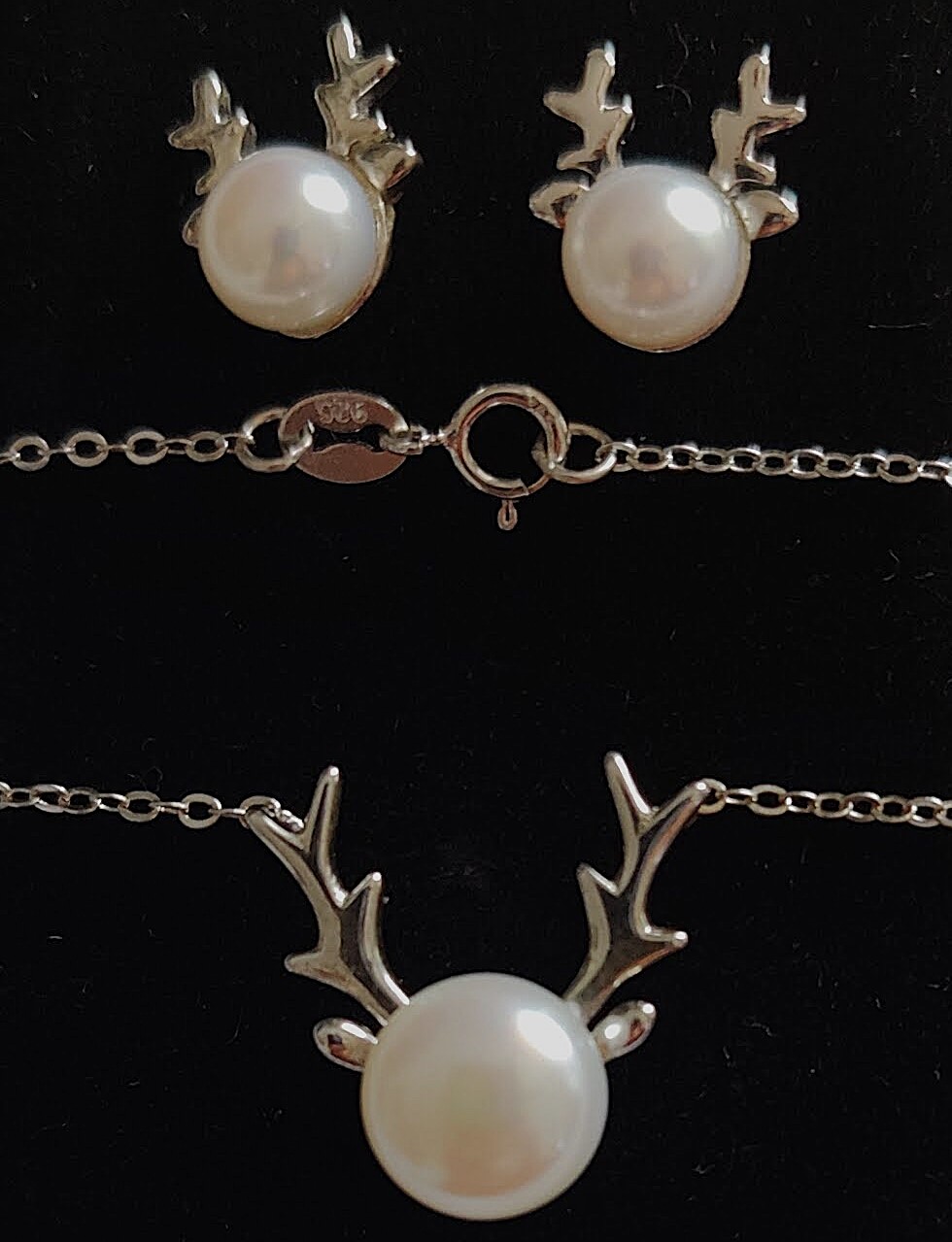 Sterling Cultured Pearl Elk Antlers Earrings & Necklace Set